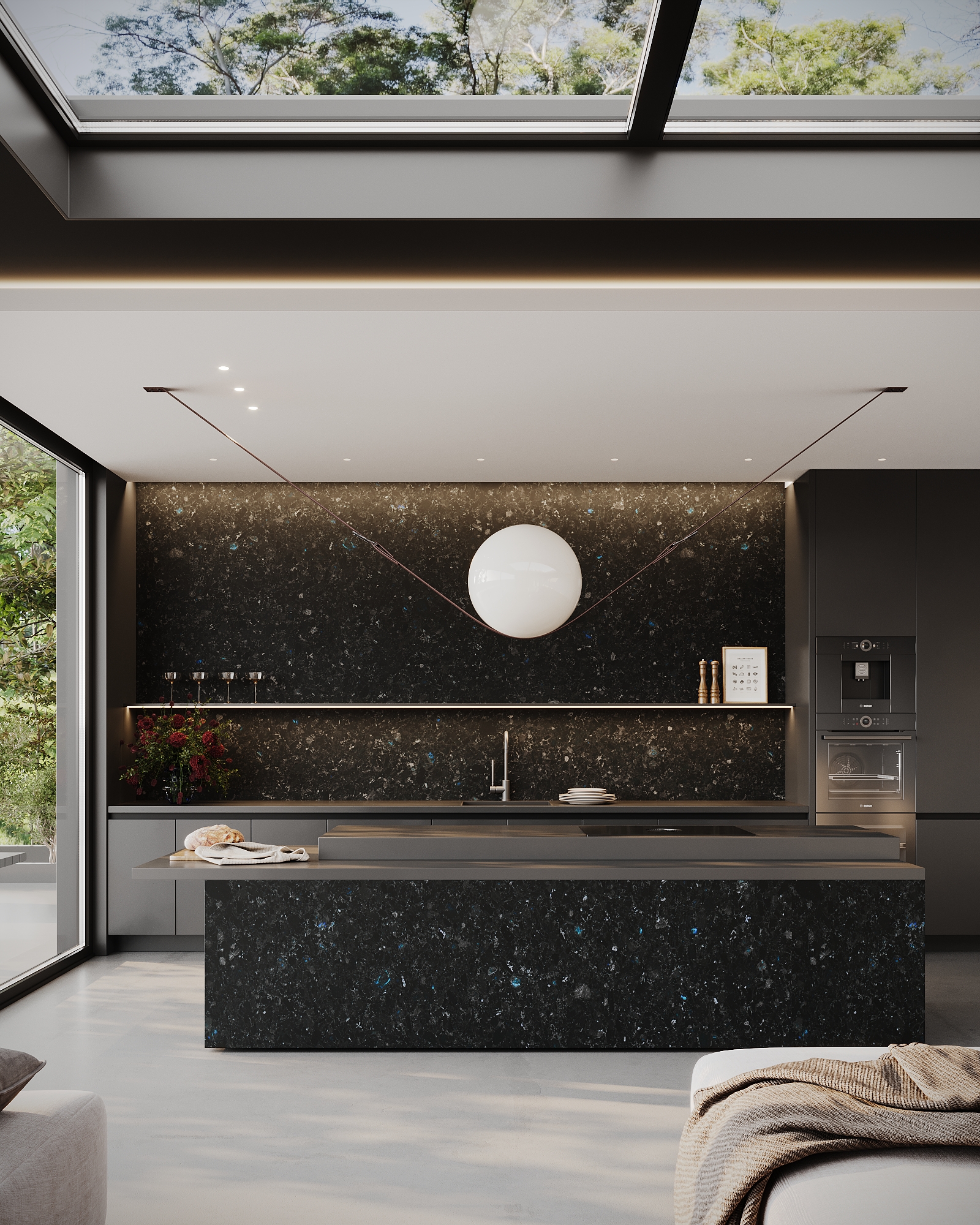 Modern kitchen with Volga Blue labradorite island and wall — natural stone interior