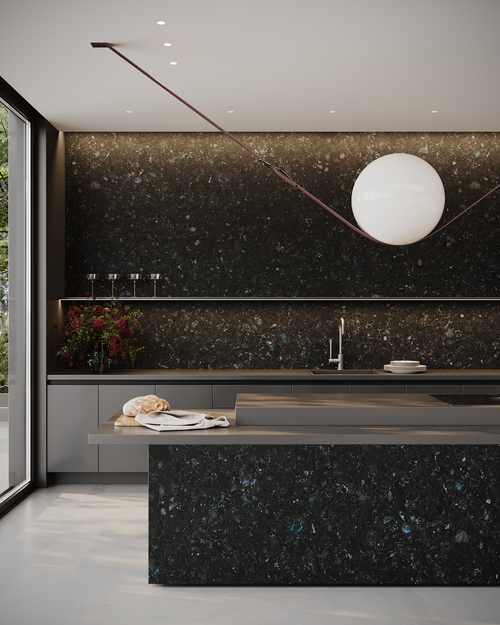 Volga Blue labradorite kitchen island and wall — natural stone interior design