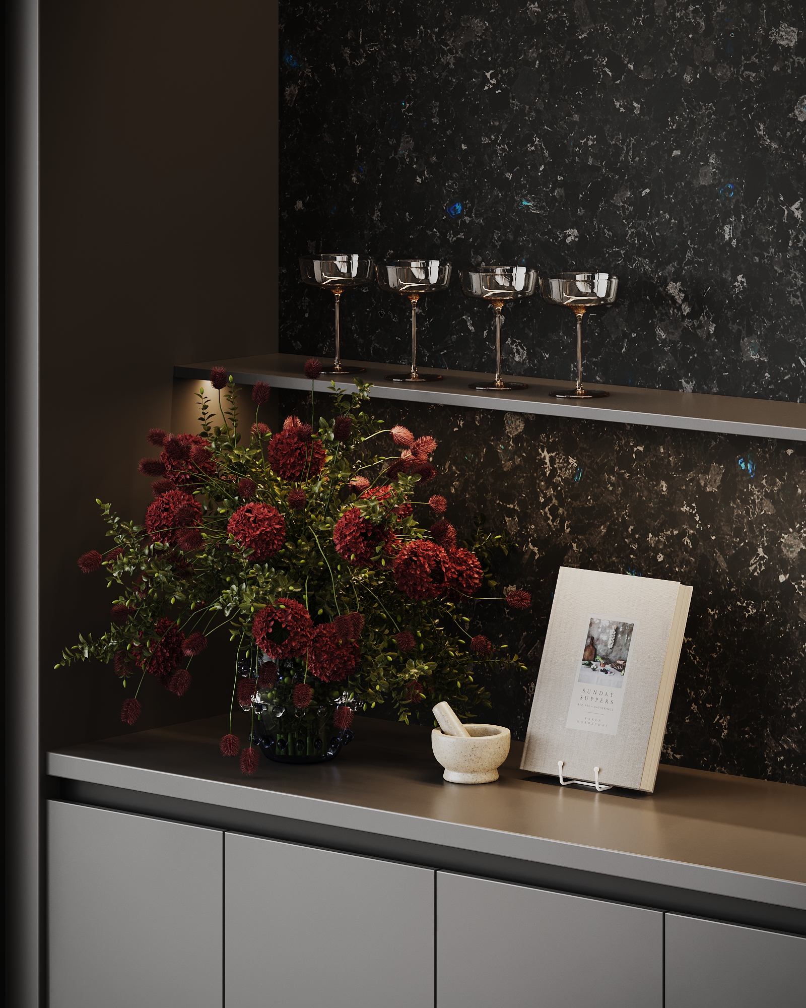 Interior detail with Volga Blue labradorite — natural stone in a premium space