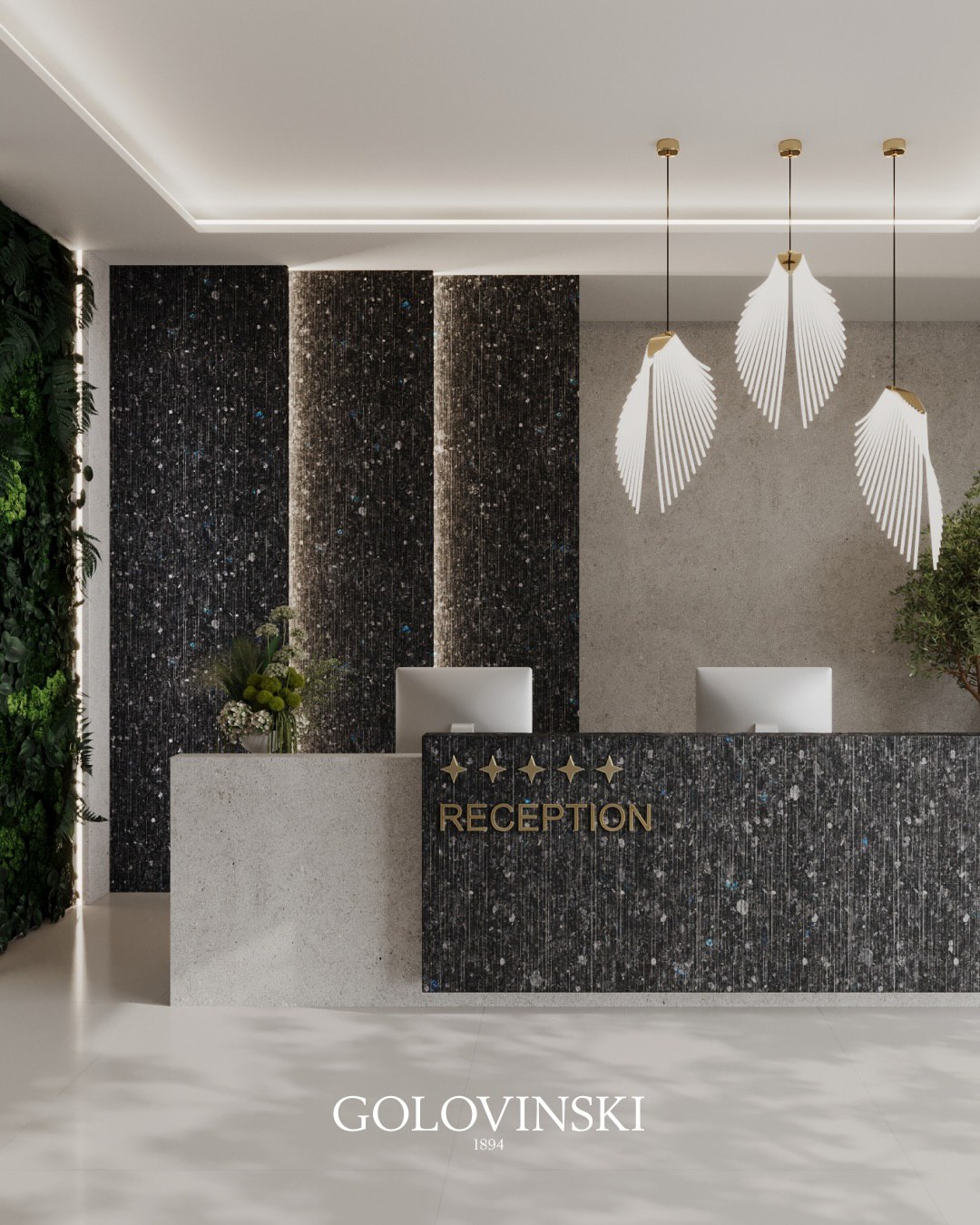 Reception desk made of Volga Blue labradorite in a premium interior