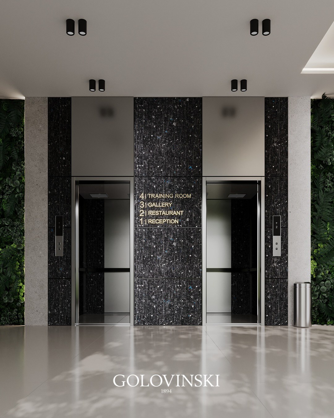 Elevator lobby finished with Volga Blue labradorite stone in a premium interior