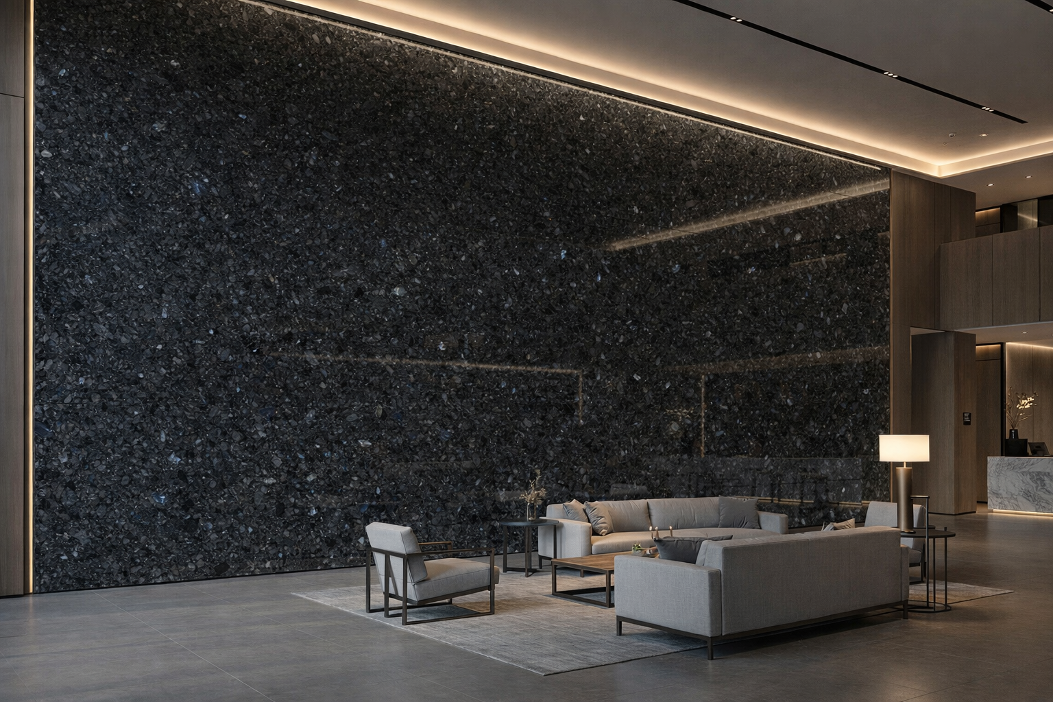 Volga Blue labradorite feature wall in a premium interior with warm lighting