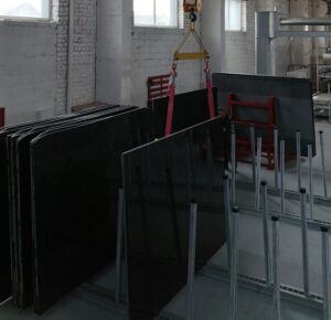 Volga Blue labradorite slabs at Golovinski production facility labradorite export