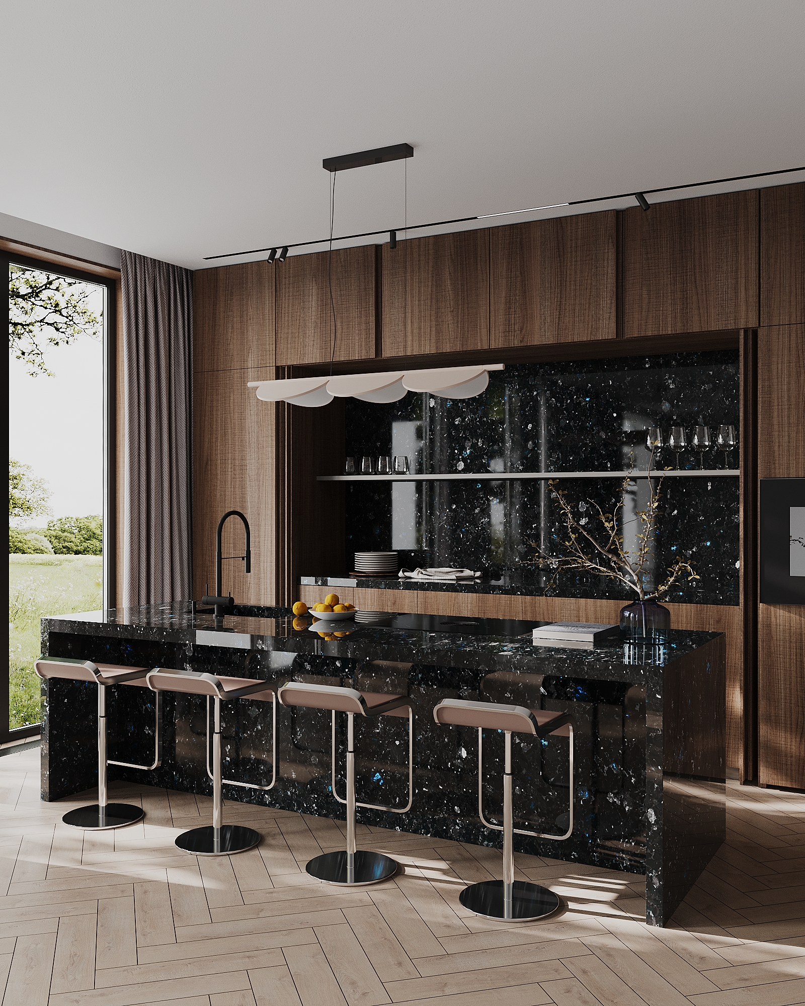 Кухня з чорною стільницею з лабрадориту Volga Blue у сучасному інтер’єрі