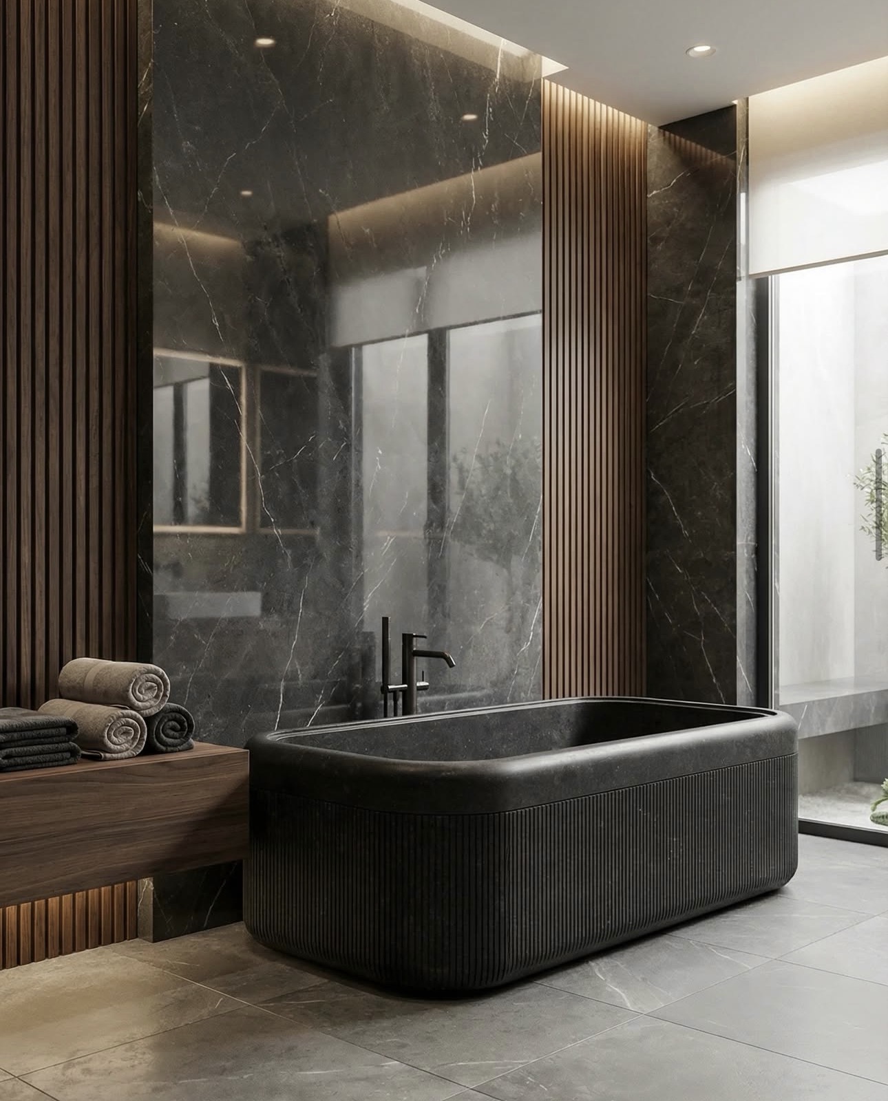 Monolithic labradorite bathtub in a premium bathroom interior