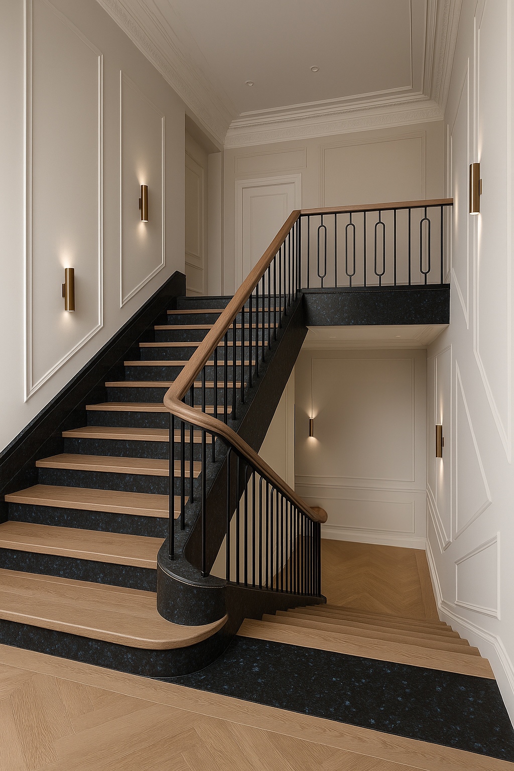 Staircase made of Ukrainian Volga Blue labradorite in a modern interior