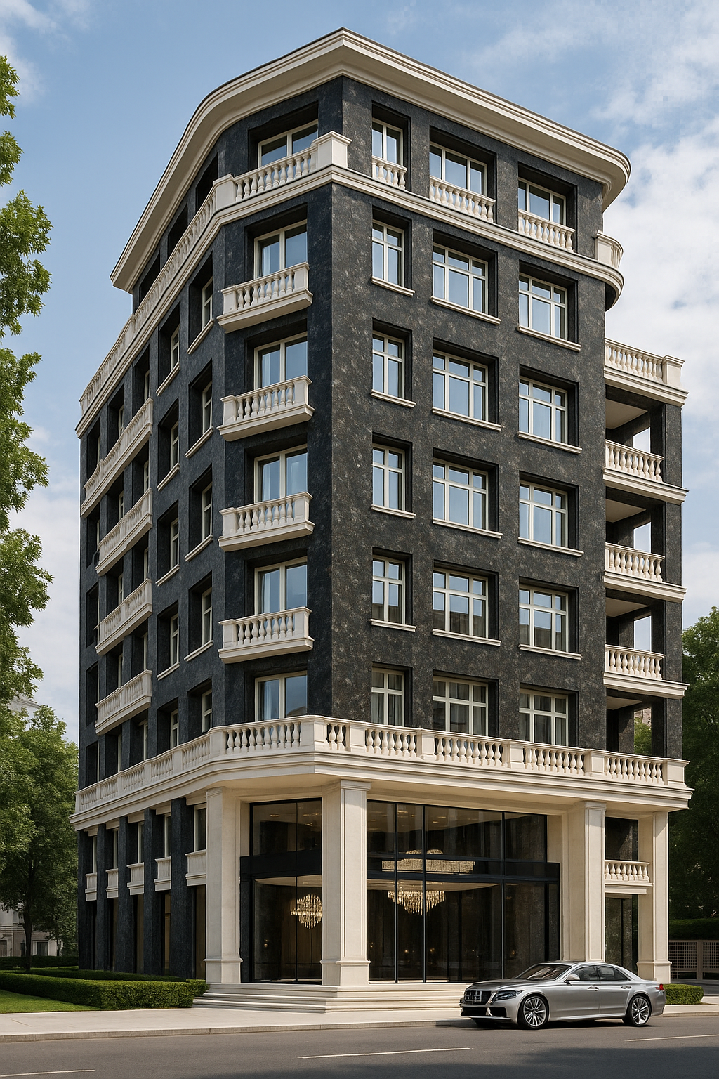 Чорний граніт Volga Blue на преміум фасад будівлі. Лабрадорит з морозостійкістю F100+. Престижна архітектура з темним каменем.