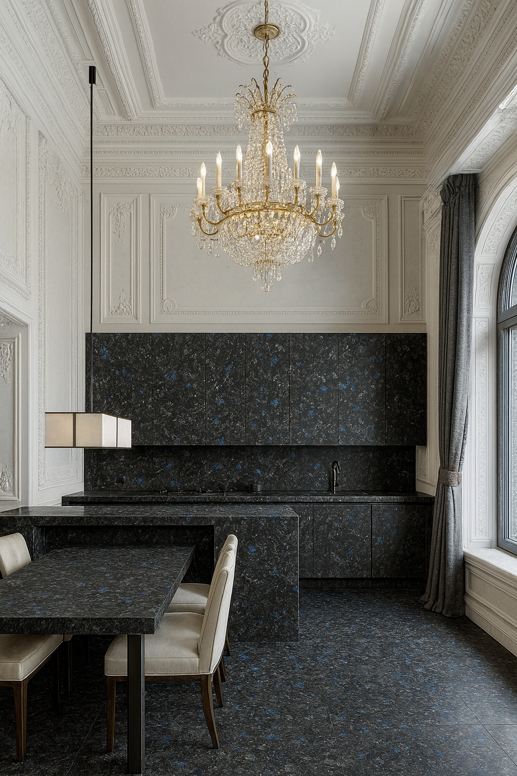 Кухня з чорною стільницею з лабрадориту Volga Blue