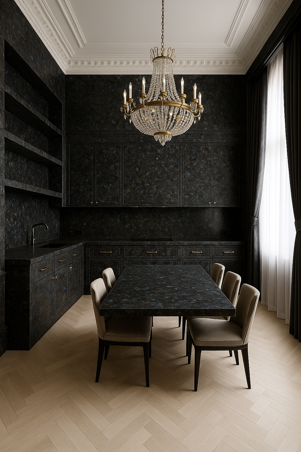 Сучасна кухня з темною кам’яною стільницею з лабрадориту