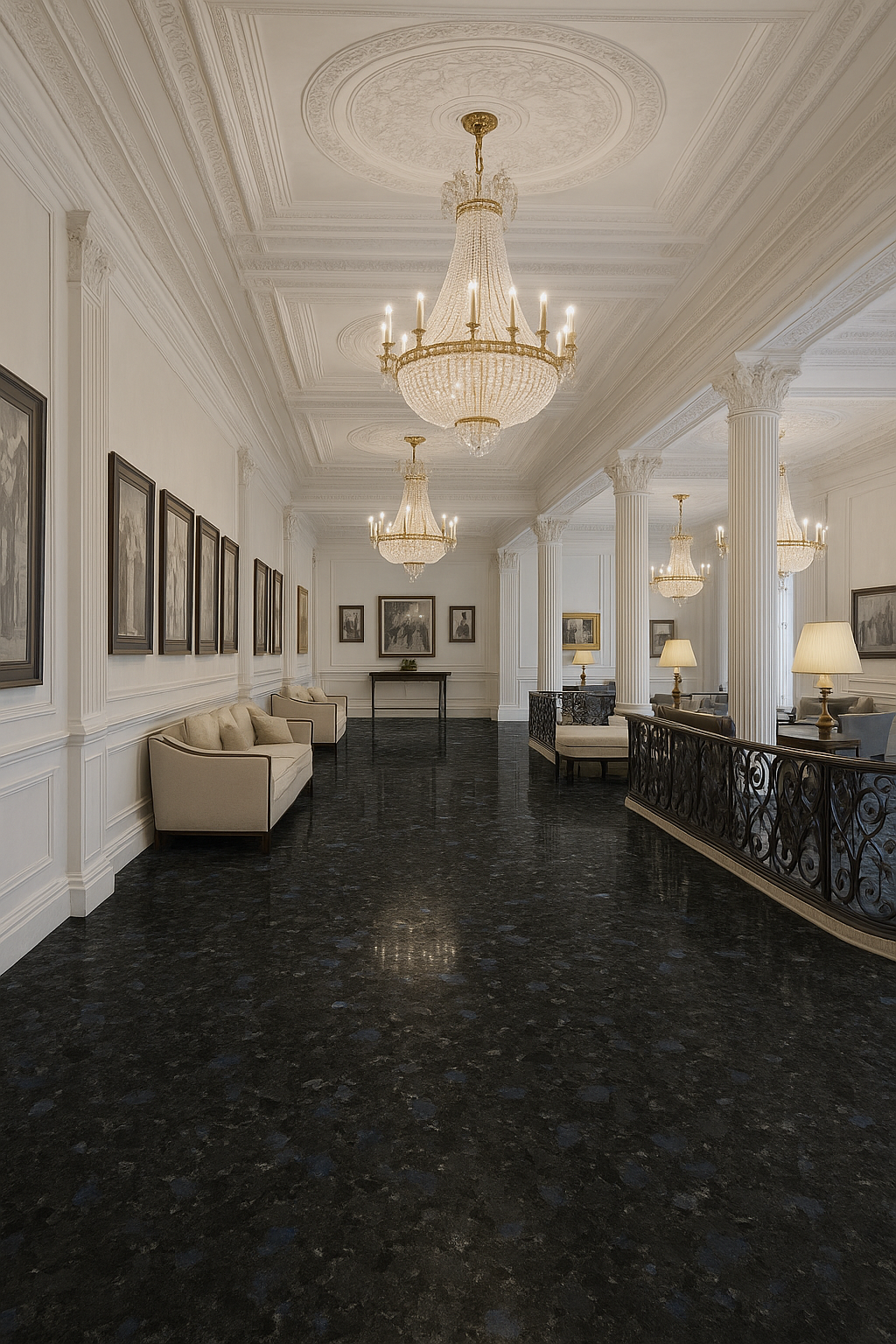 Interior with flooring made of Ukrainian Volga Blue labradorite