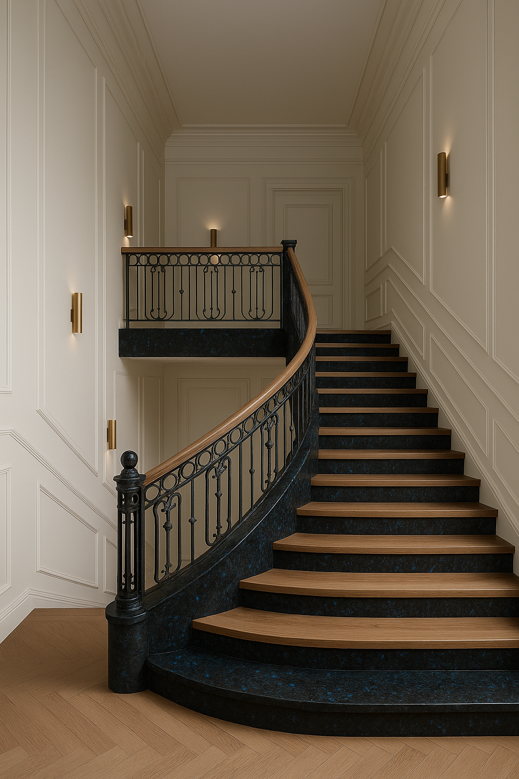 Staircase made of Ukrainian Volga Blue labradorite in a classic interior