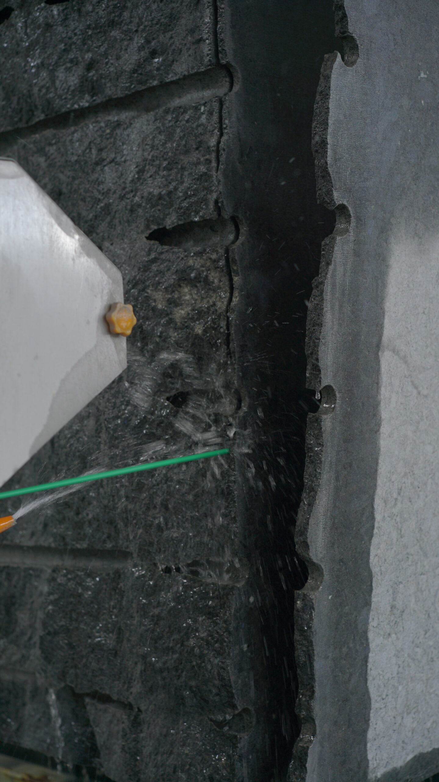 Cutting of a Volga Blue labradorite block — natural stone processing stage