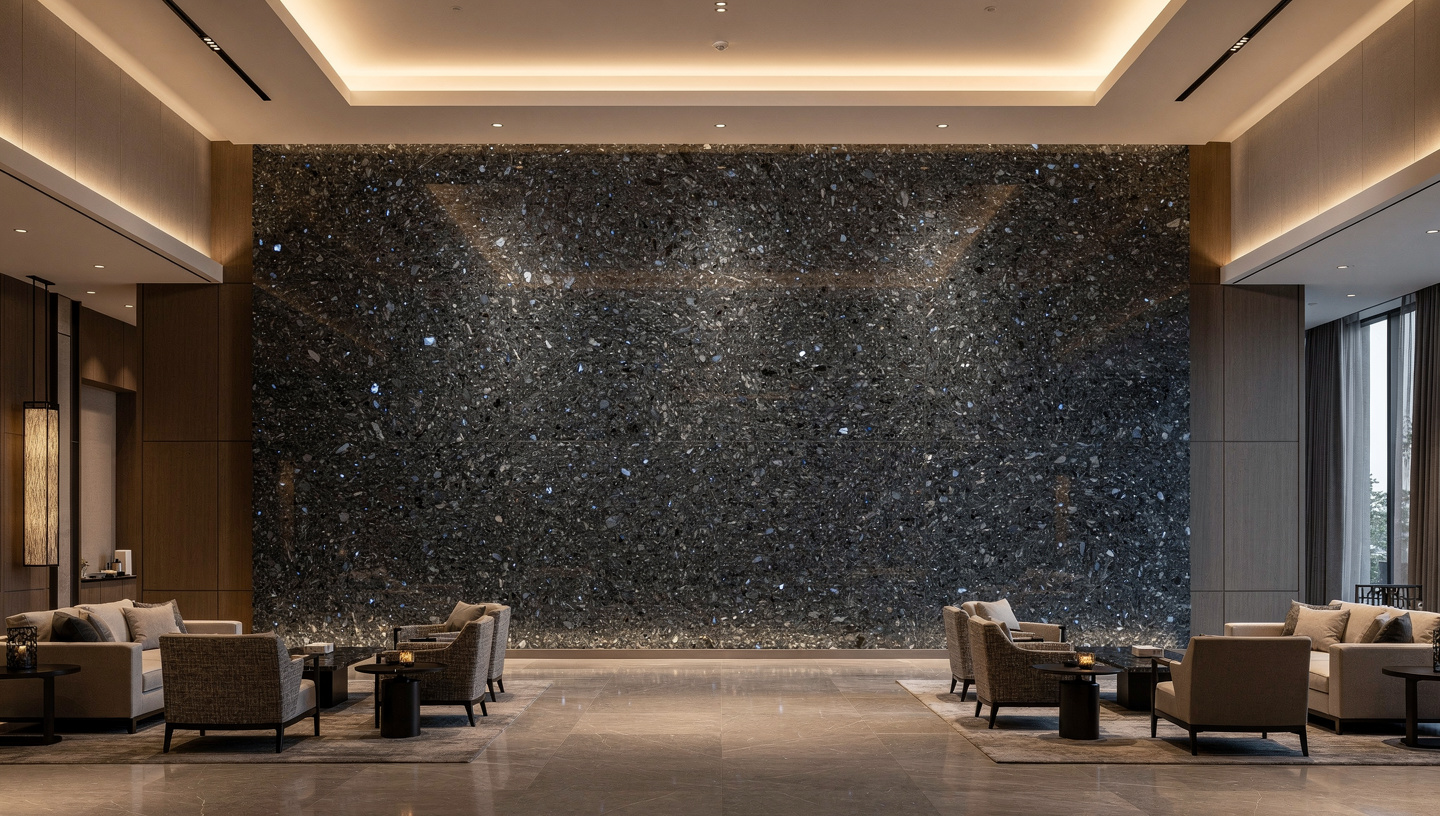Feature wall in Volga Blue labradorite in a premium hotel lobby compliant with international stone standards labradorite cleaning and maintenance of Volga Blue stone surface