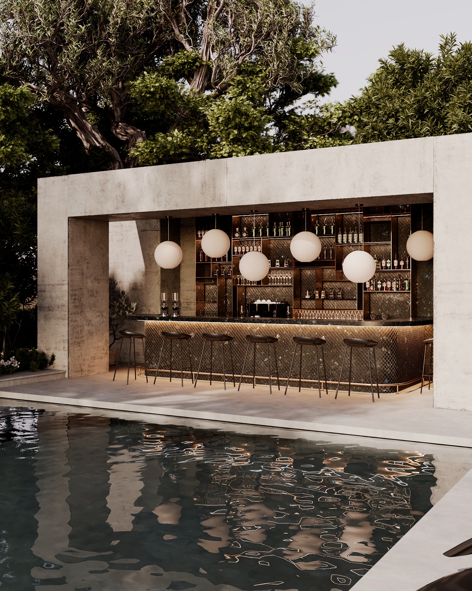 poolside labradorite bar black stone architecture