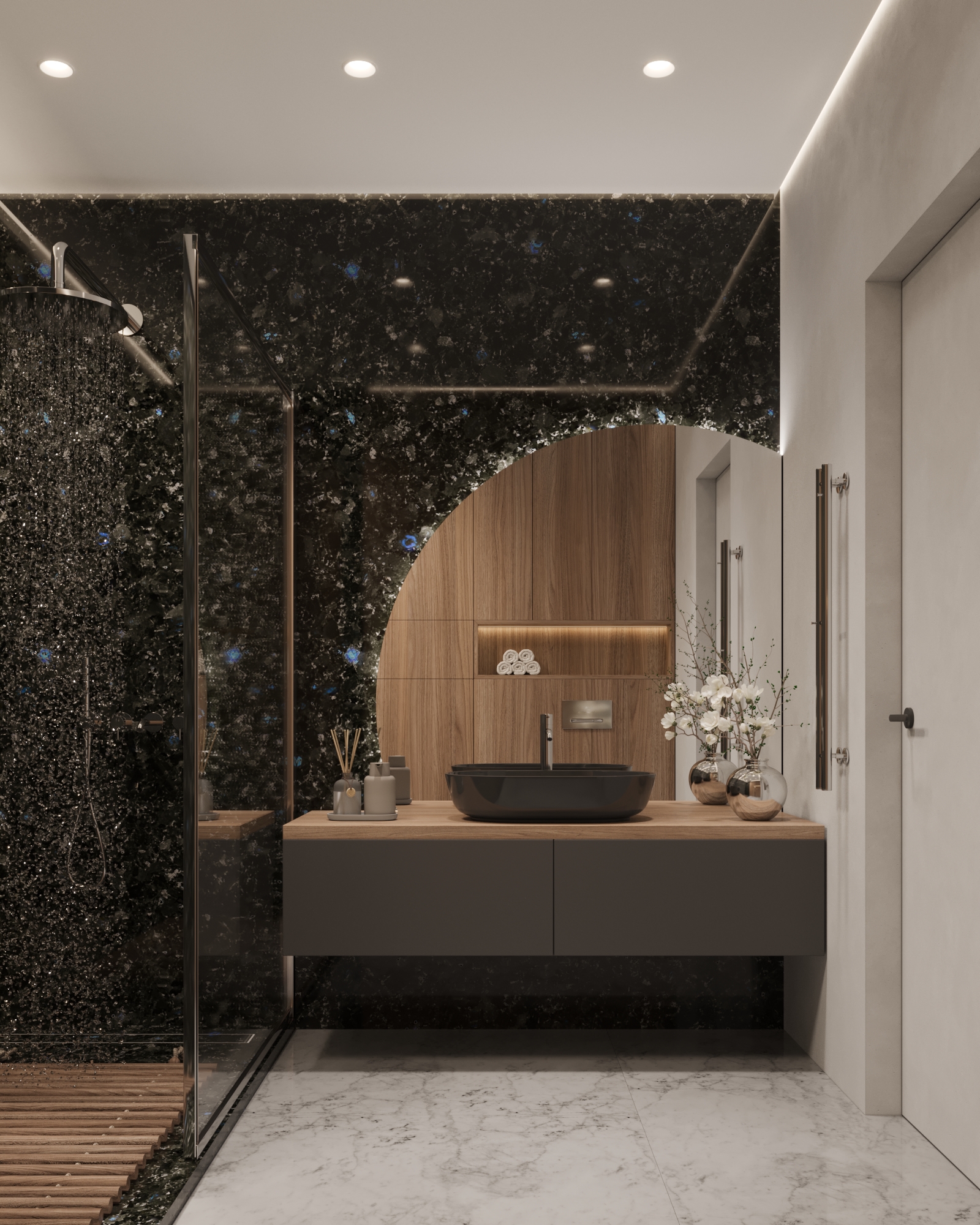 spa bathroom interior with Golovinski labradorite black stone wall