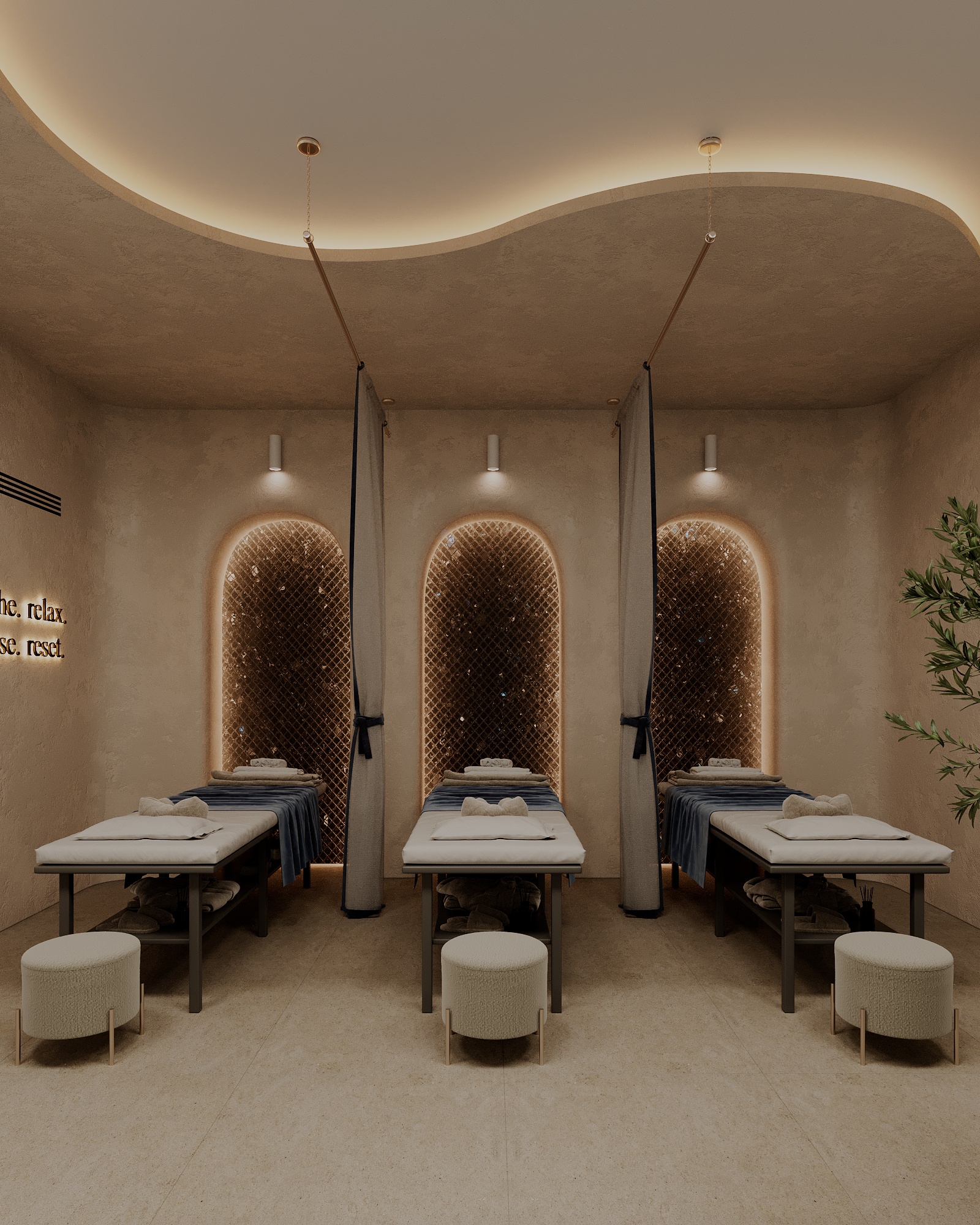 spa interior with Golovinski labradorite black stone walls