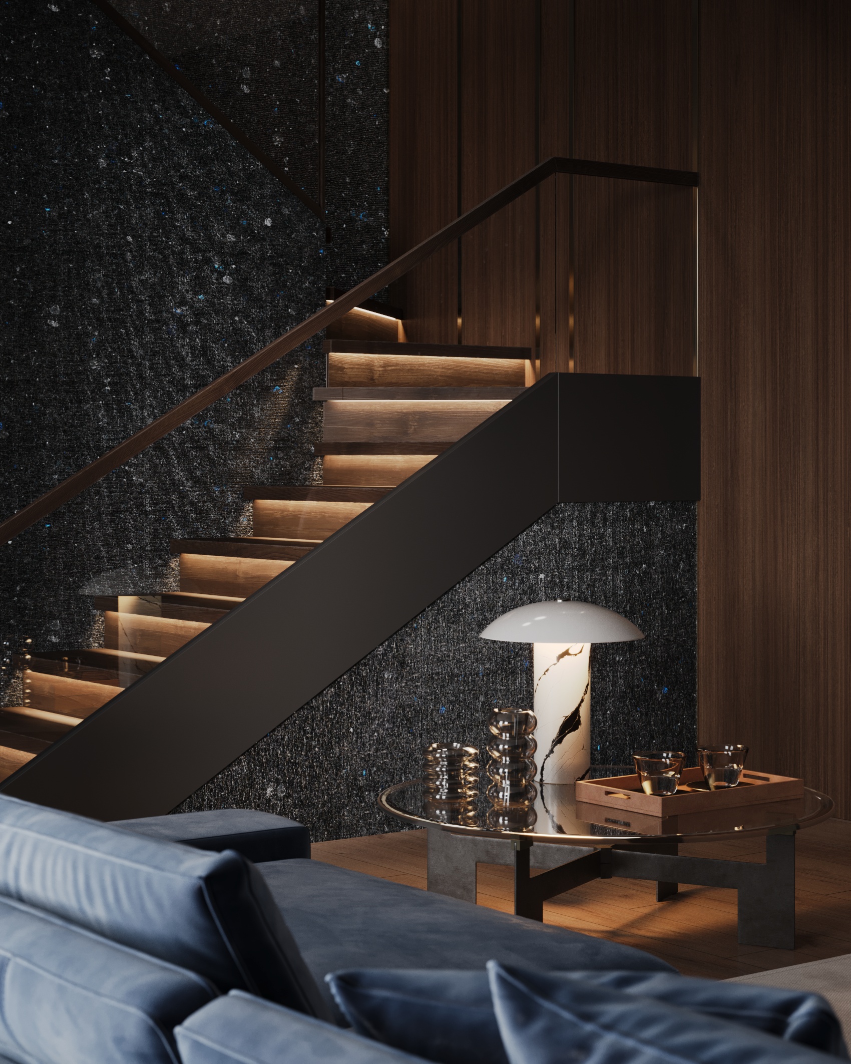 Labradorite staircase in a contemporary interior with dark stone, wooden treads, and soft architectural lighting