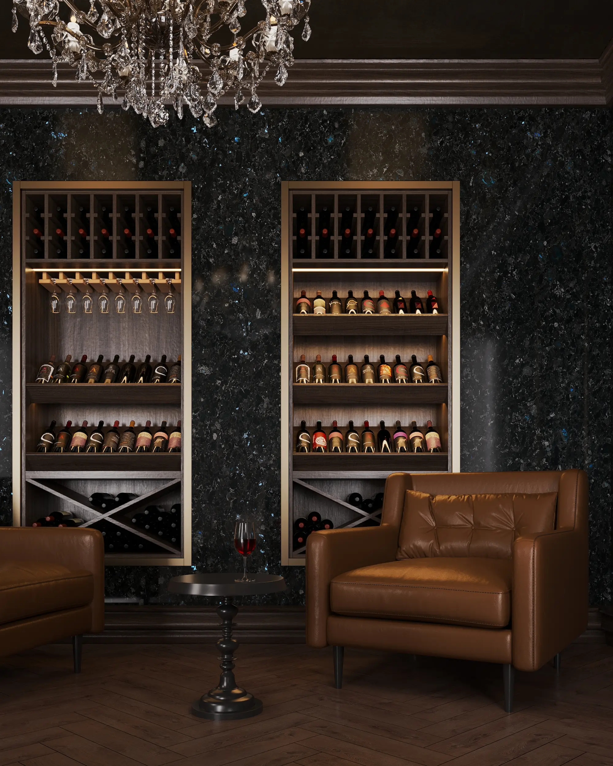 Wine cabinets against a labradorite wall in a premium interior