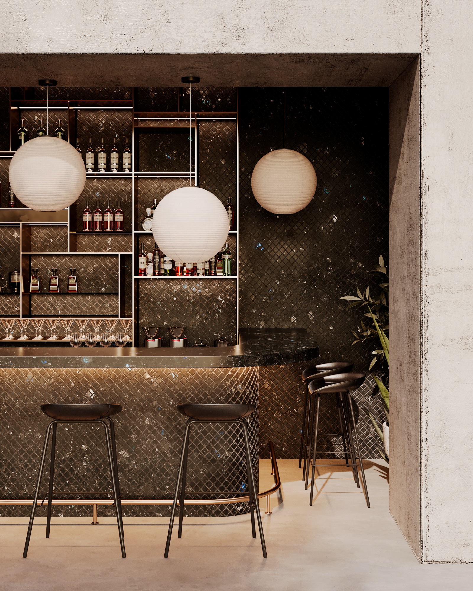 poolside labradorite bar black stone textured surface