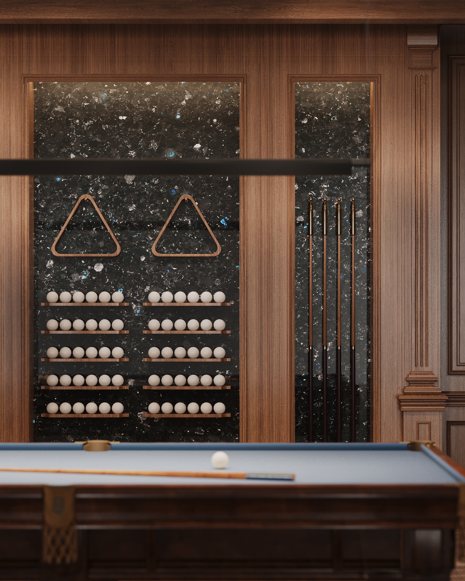 labradorite in billiard room wall cladding black stone interior