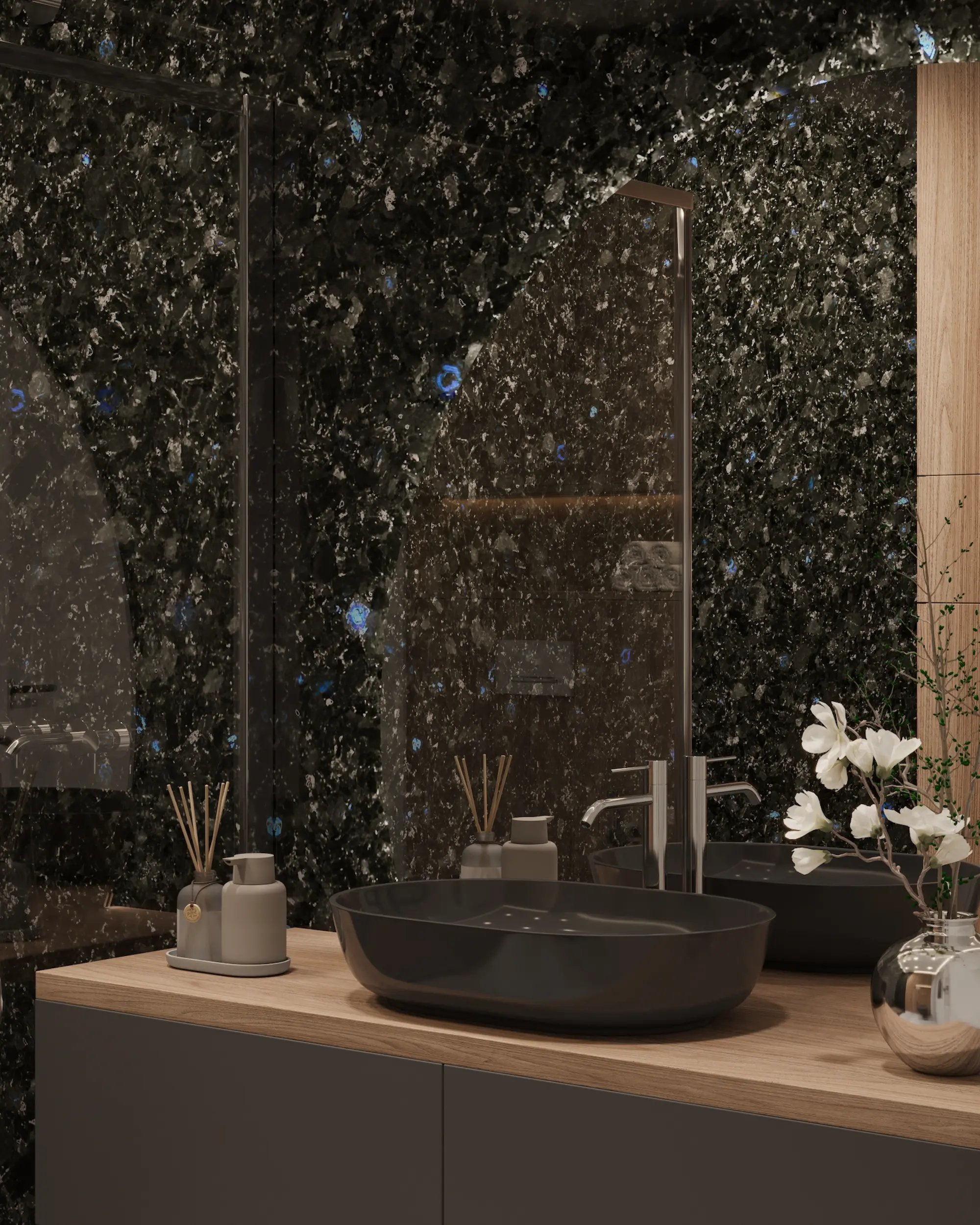 Washbasin area with labradorite in a premium bathroom interior