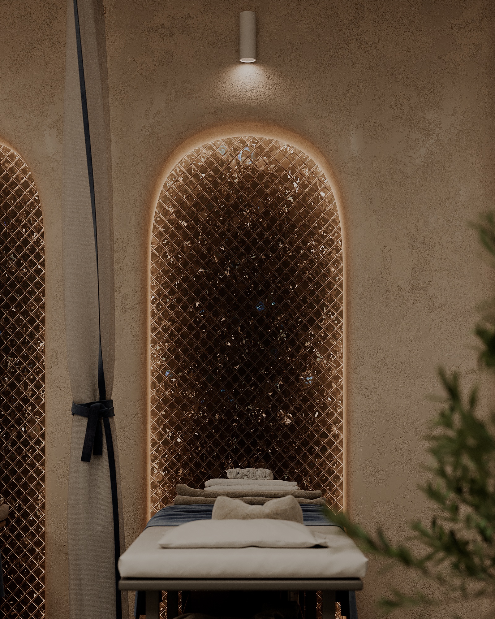 spa massage area with Golovinski labradorite black stone wall