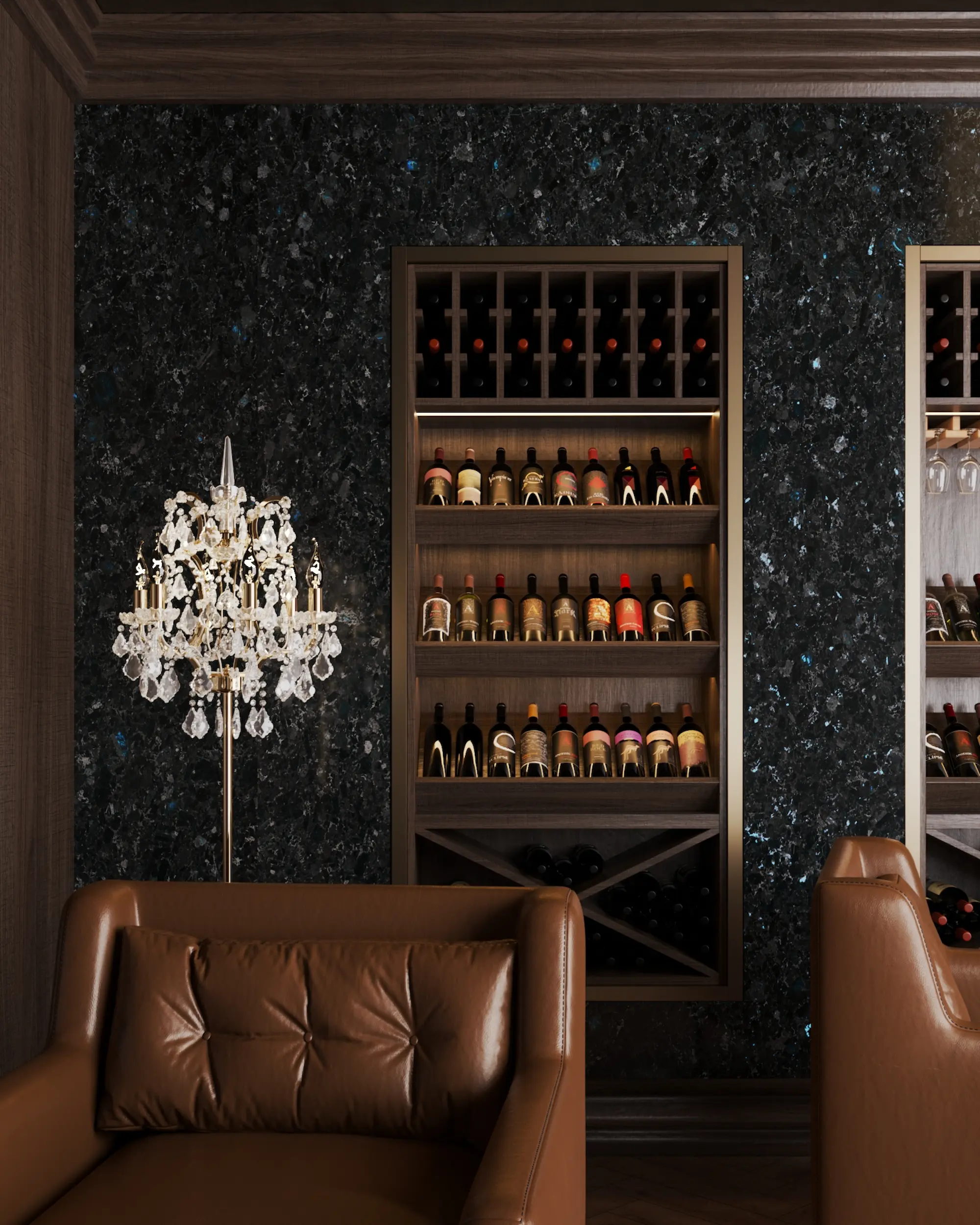 Wine cellar interior with labradorite, leather armchairs, and decorative lighting