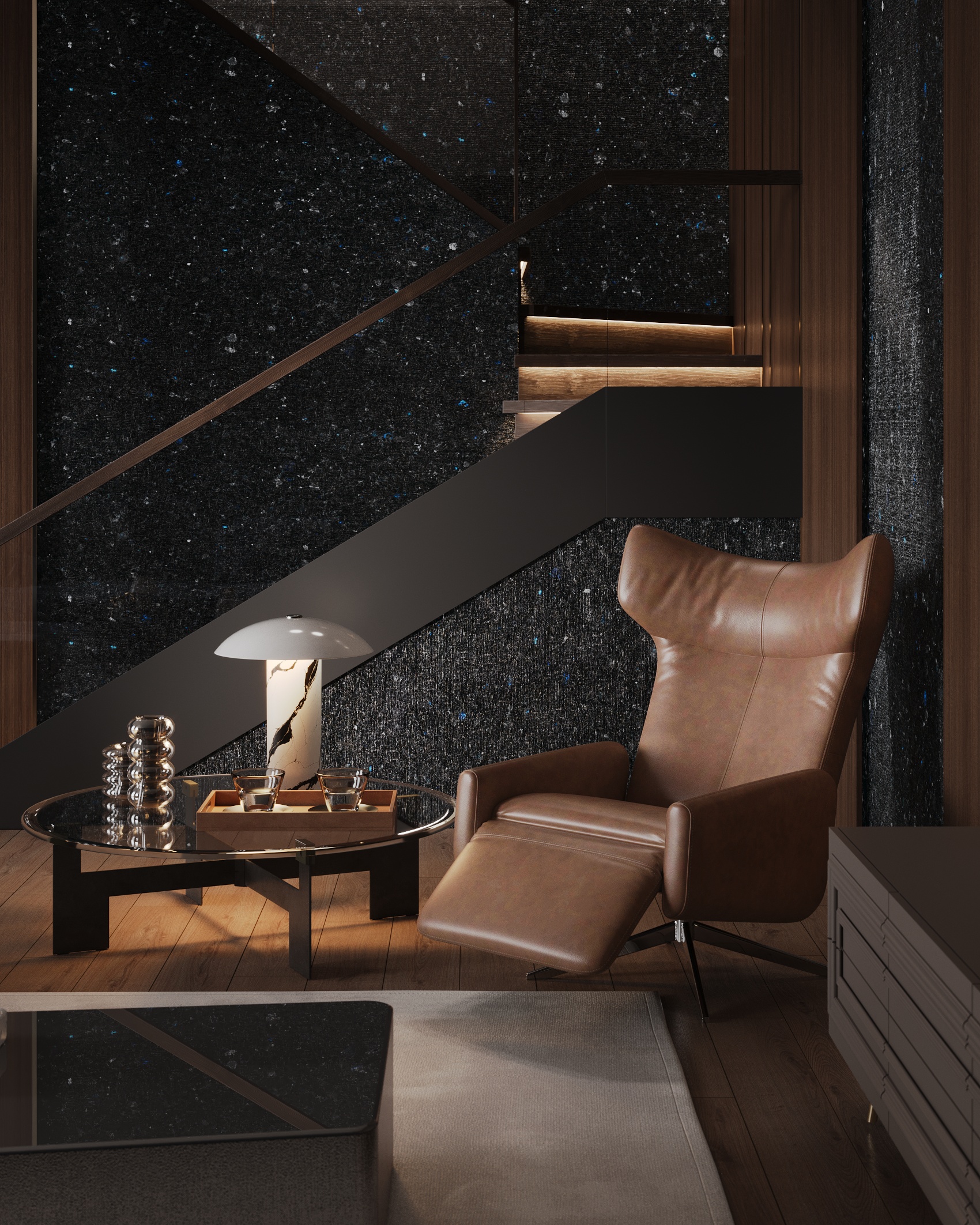 Labradorite in a contemporary interior with stairs, a dark stone wall, an armchair, and warm lighting
