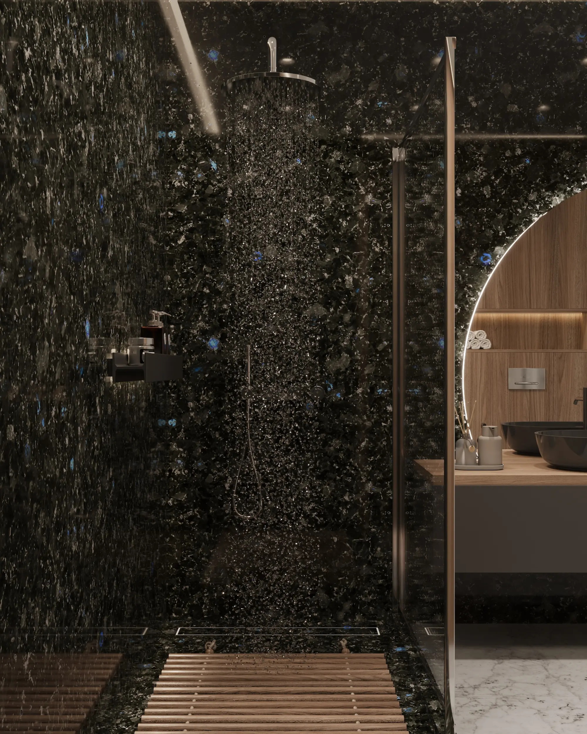 Labradorite shower area in a premium bathroom interior