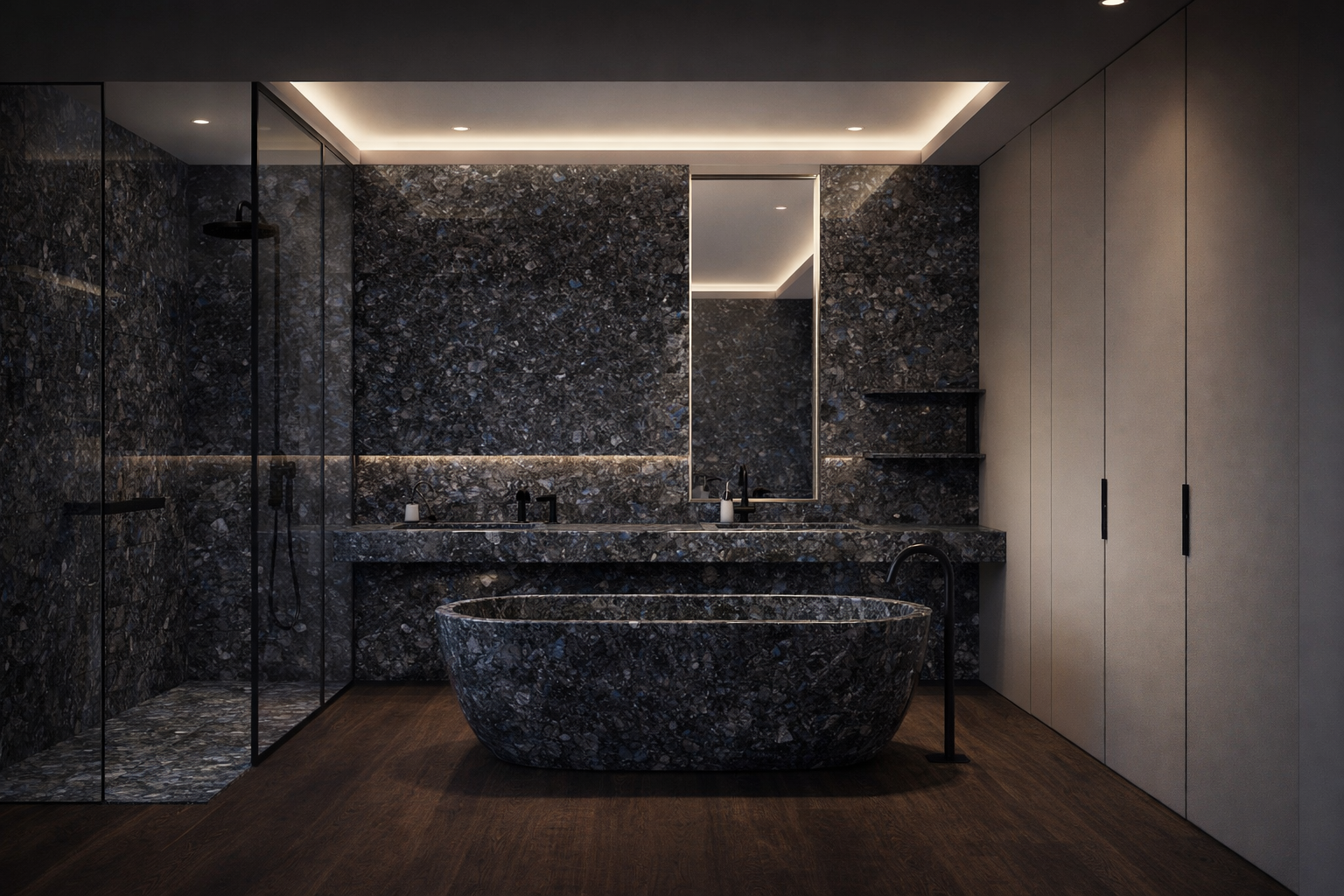 Labradorite in the Bathroom: Sinks, Bathtubs and Stone Cladding