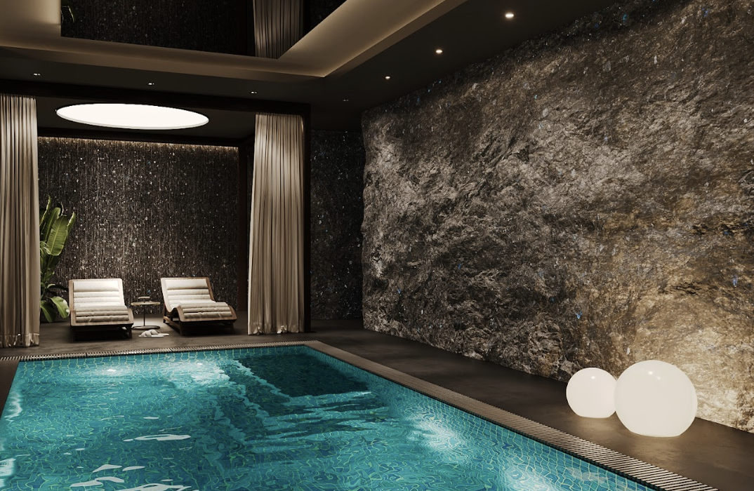Spa pool with Golovinski labradorite black stone wall