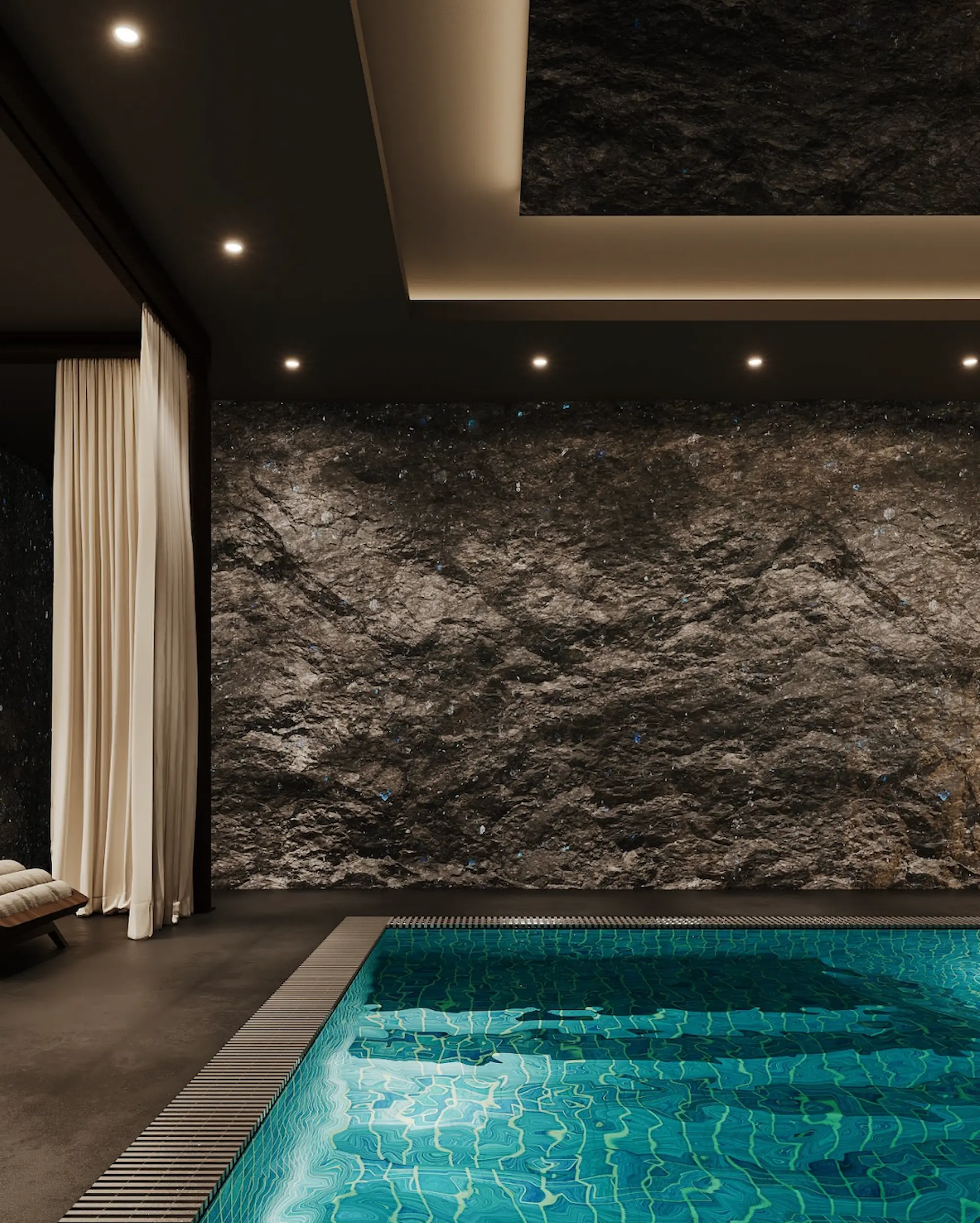Labradorite wall and pool in a premium SPA interior
