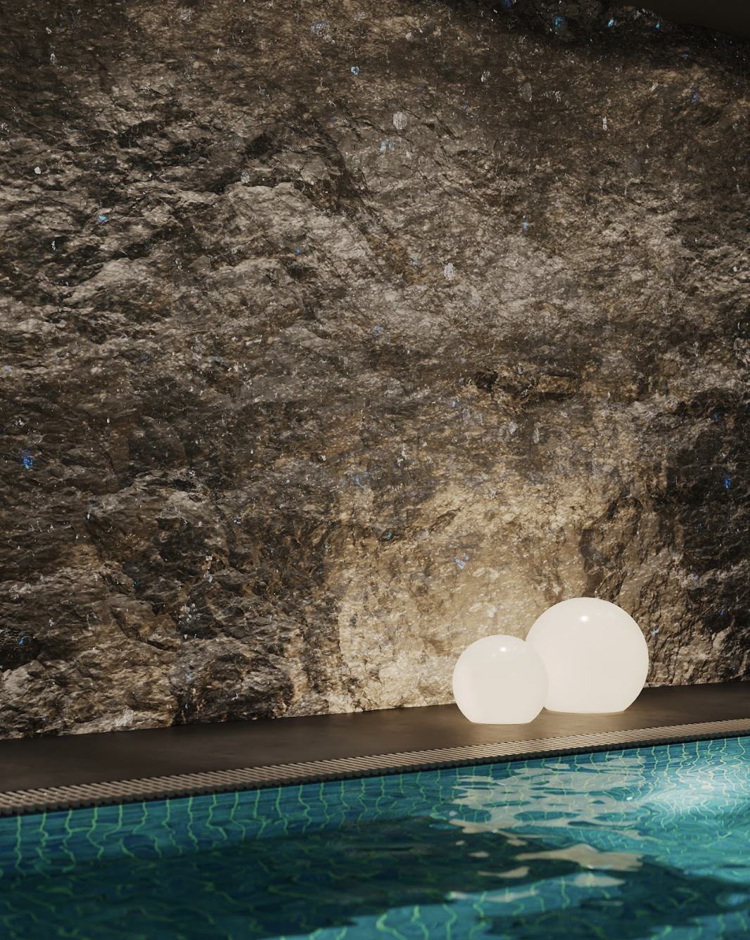 Black labradorite stone wall near pool in spa interior