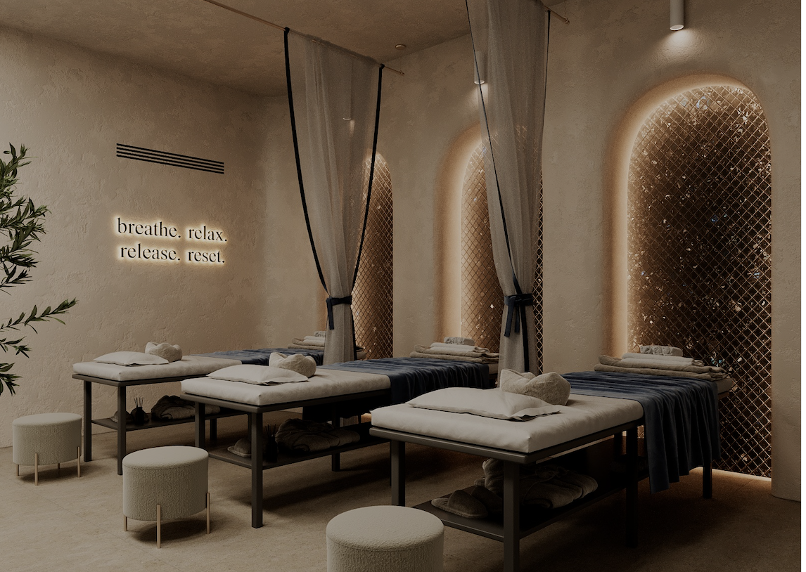 spa massage area with Golovinski labradorite black stone interior