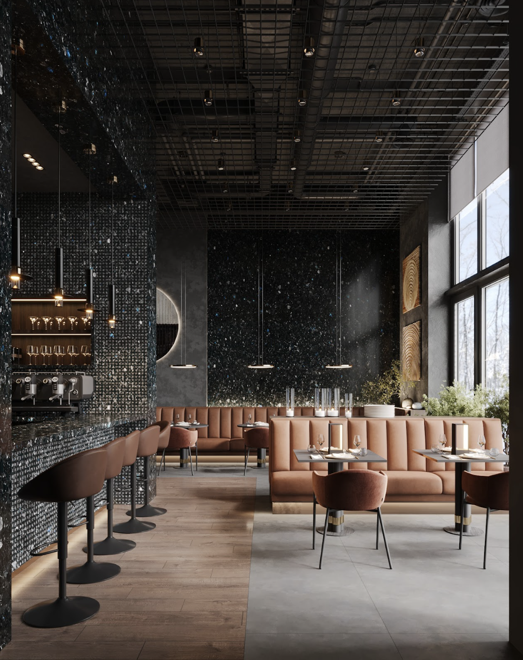 labradorite bar interior black stone space design