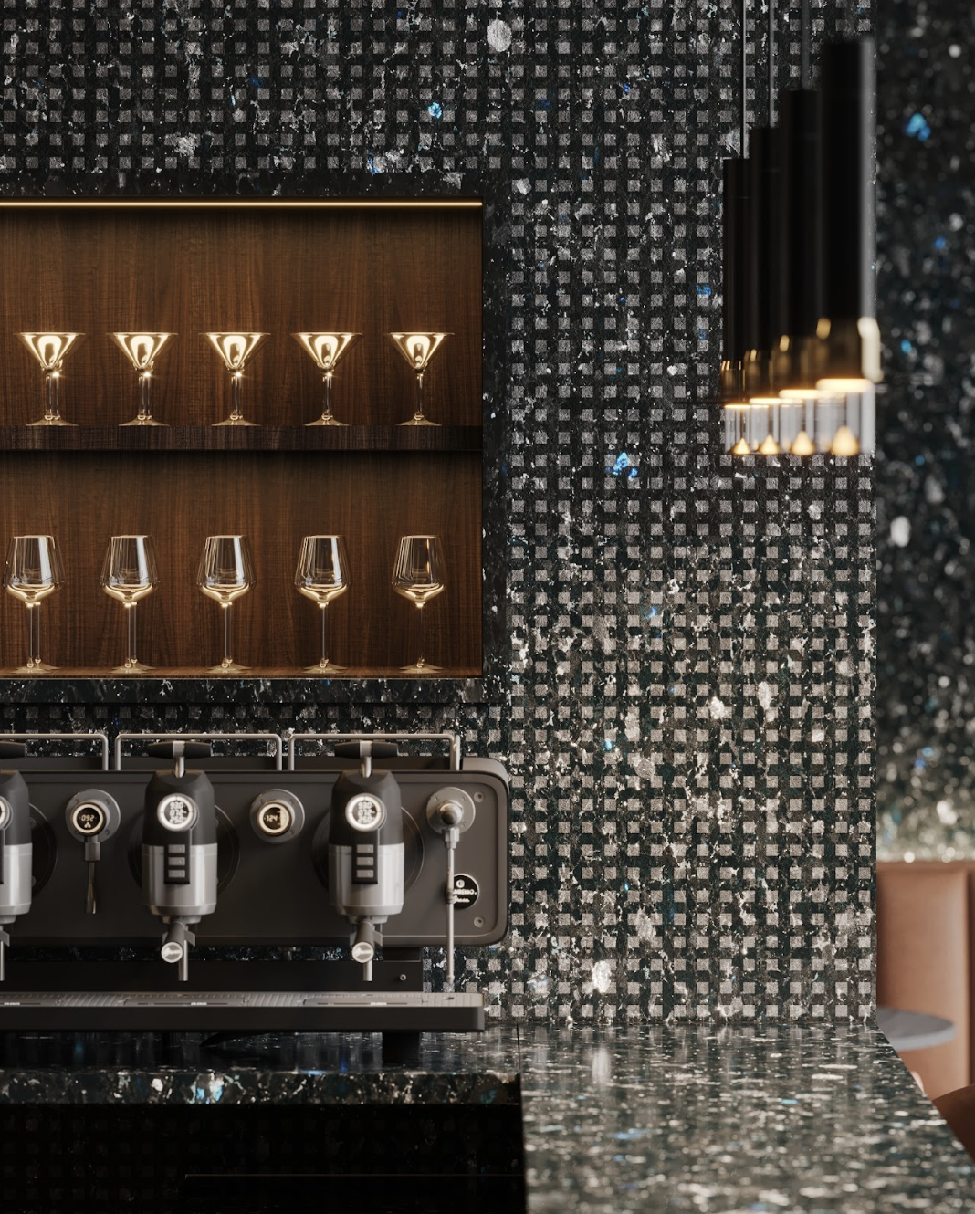 labradorite wall bar interior black stone texture lighting design