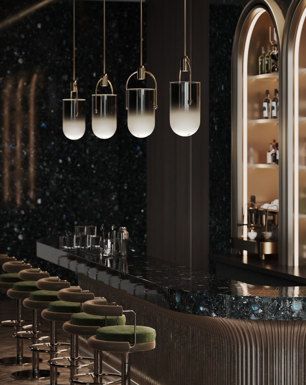 labradorite bar counter black stone bar interior