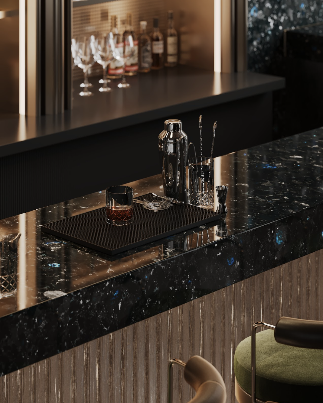 labradorite bar counter black stone texture interior detail