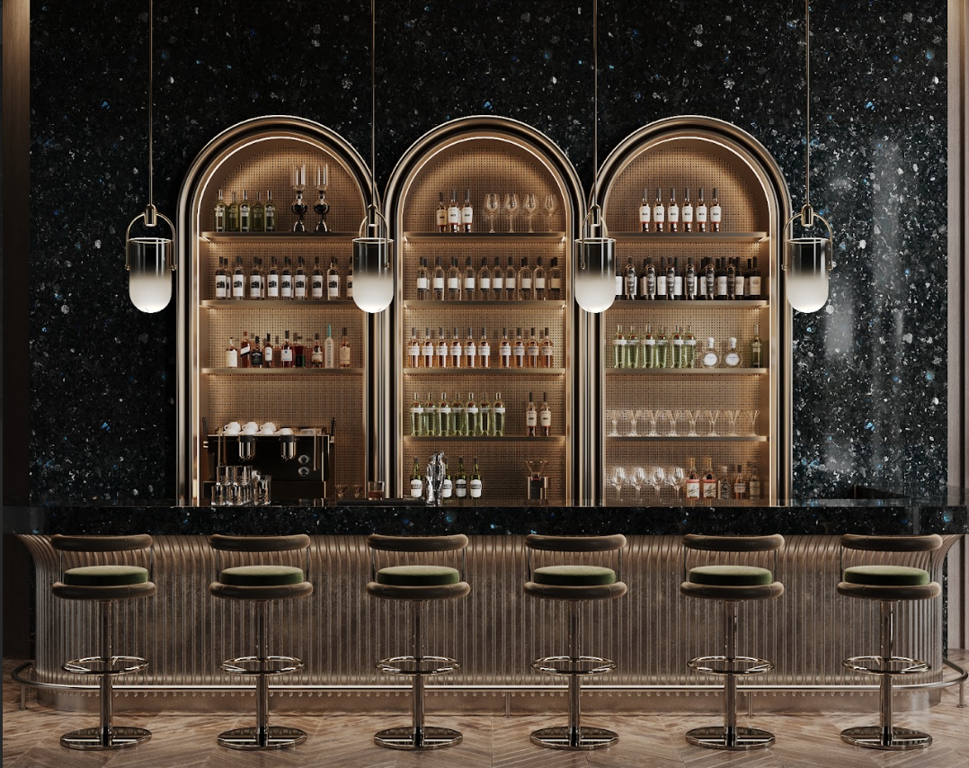bar area with labradorite in a premium interior