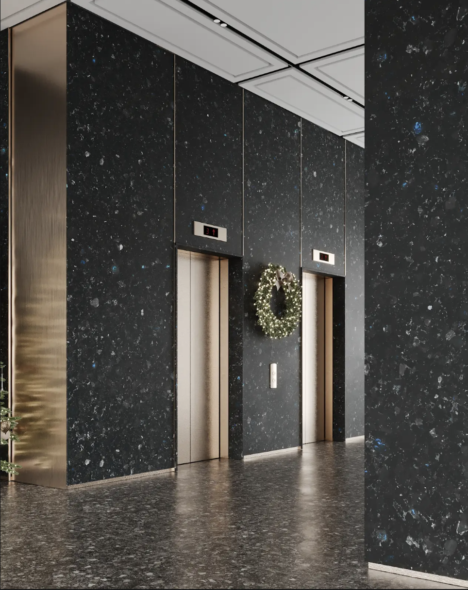 labradorite black stone in lobby and reception design