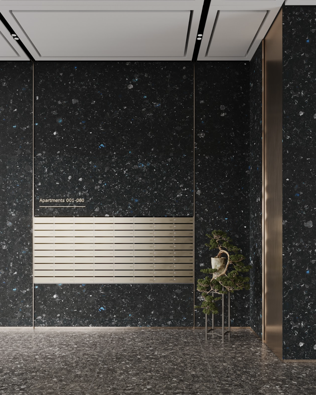 black natural stone labradorite in modern lobby interior