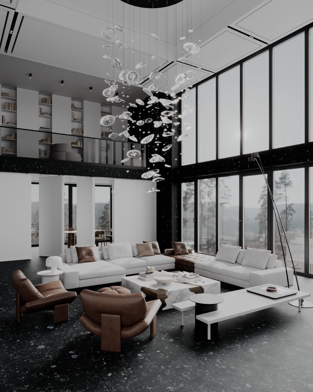 Labradorite flooring in a spacious contemporary living room with panoramic windows, upholstered furniture, and a dark stone surface