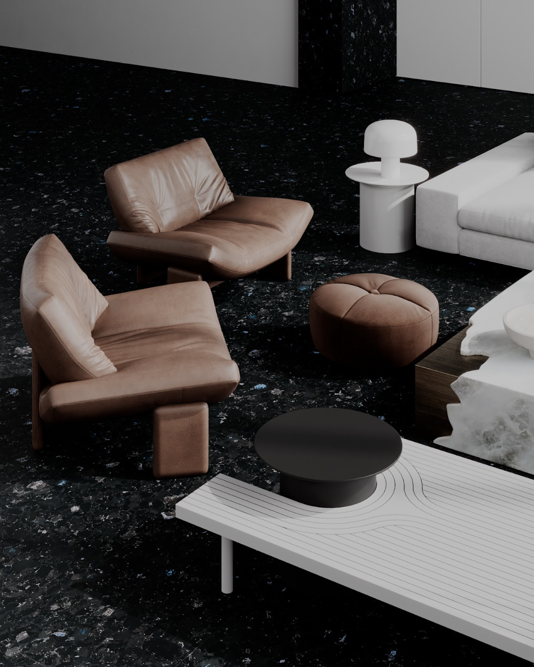 Labradorite flooring in a contemporary living room with lounge chairs, tables, and a dark stone surface