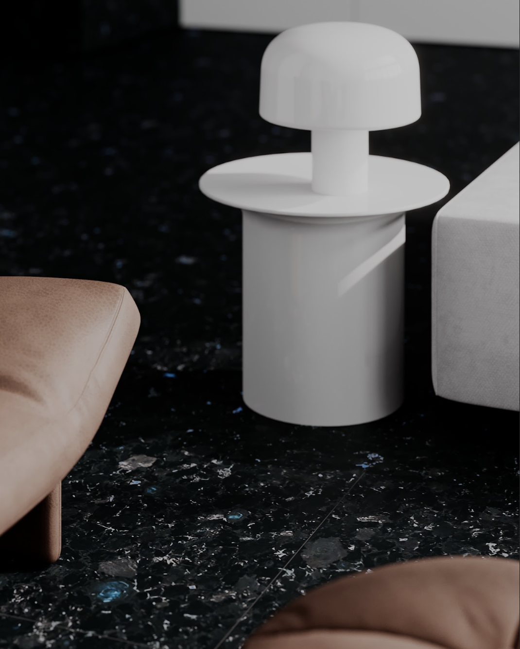 Detail of labradorite flooring in a contemporary living room with a dark stone surface, furniture, and a white side table