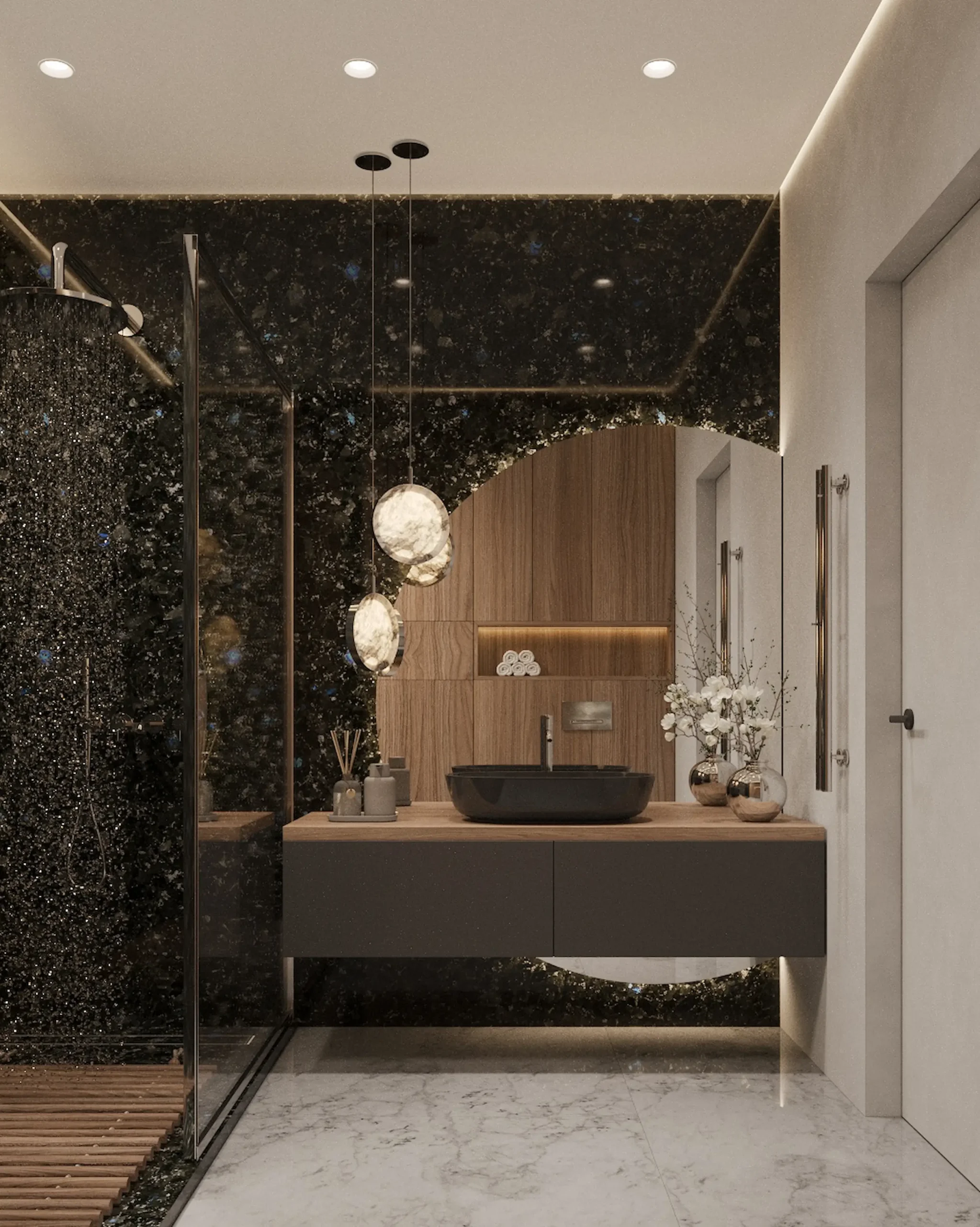 Contemporary bathroom with labradorite and monolithic large-format surfaces