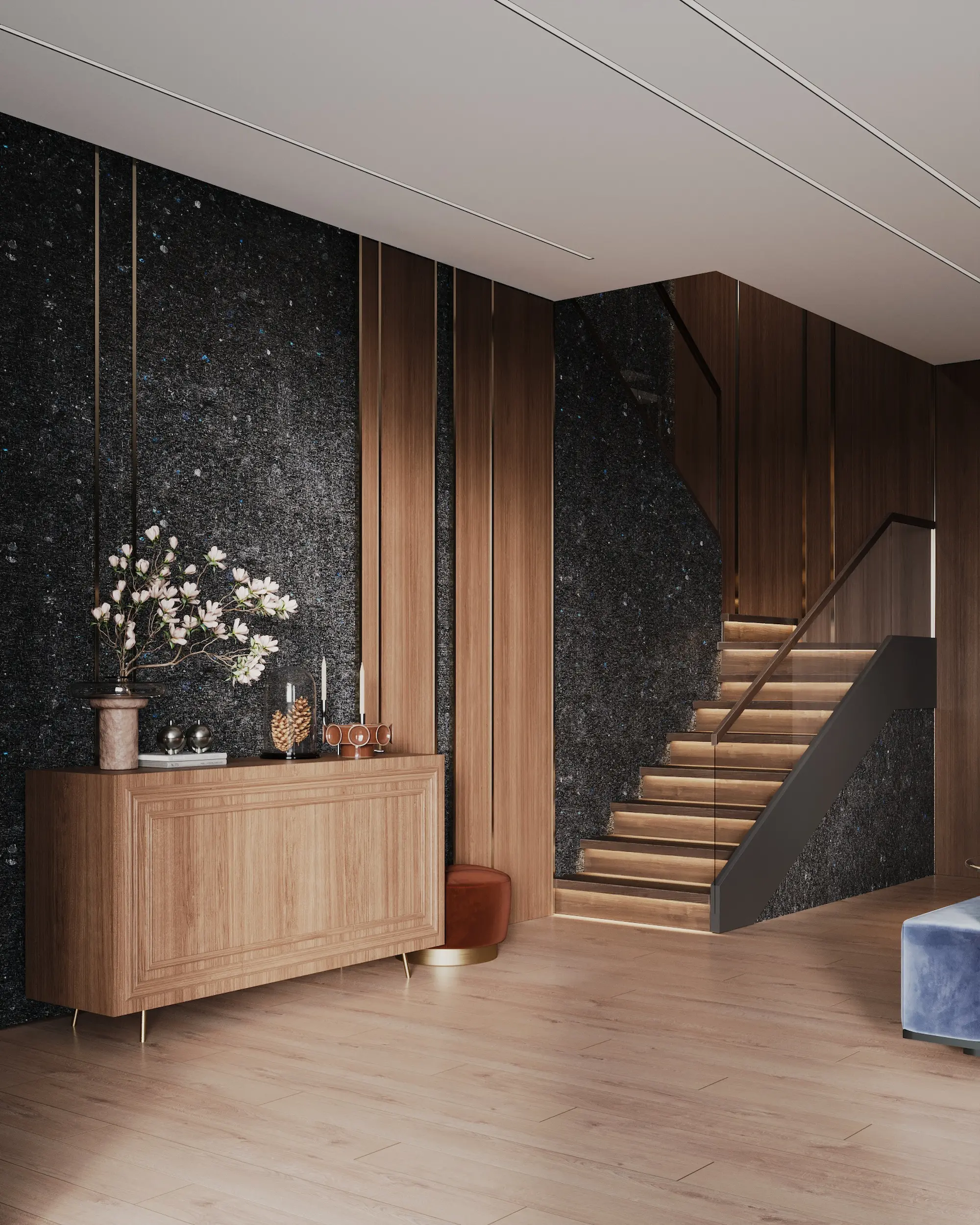 Living room with large-format Golovinski labradorite walls