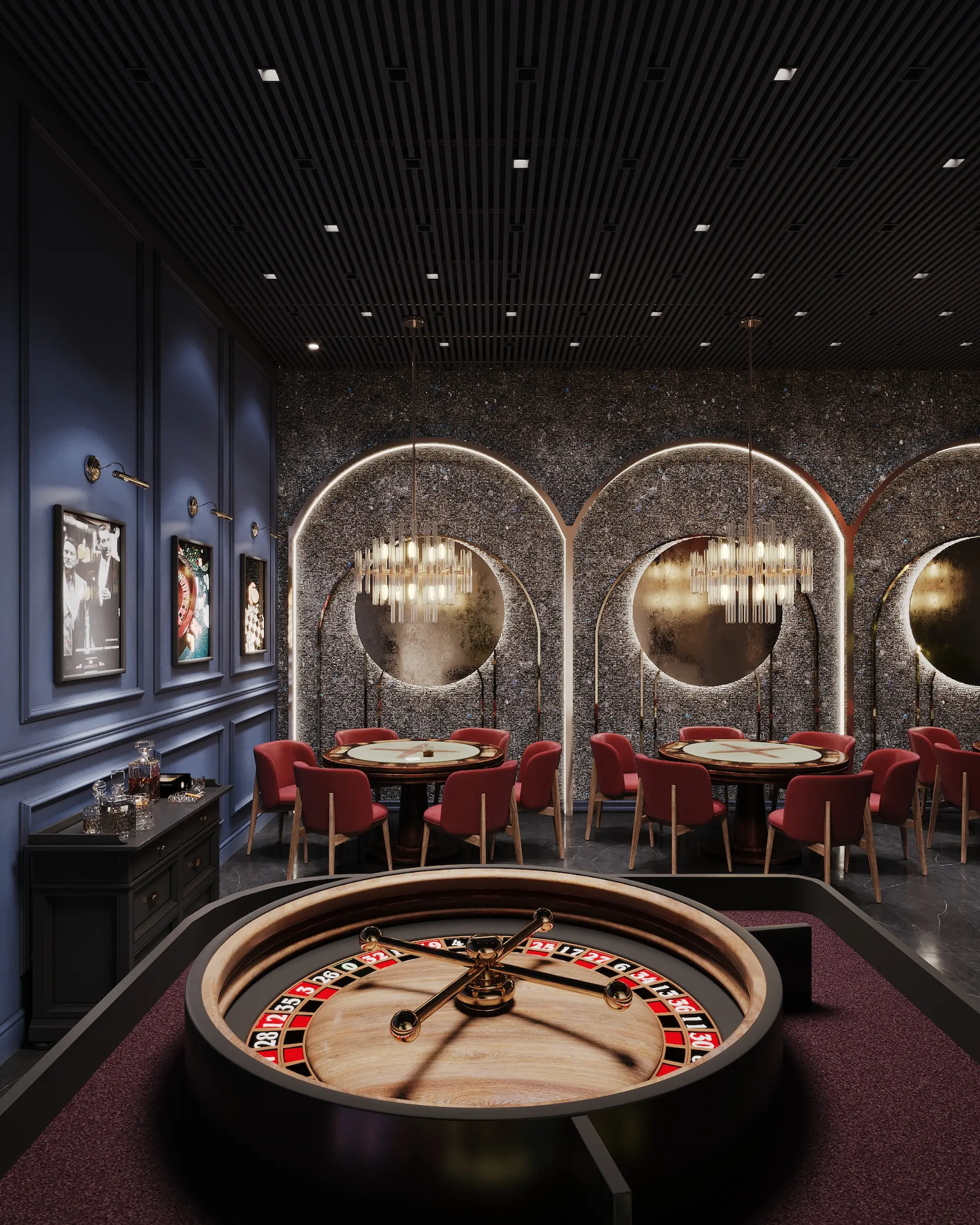 The texture of labradorite in a casino lounge with roulette and an arched composition