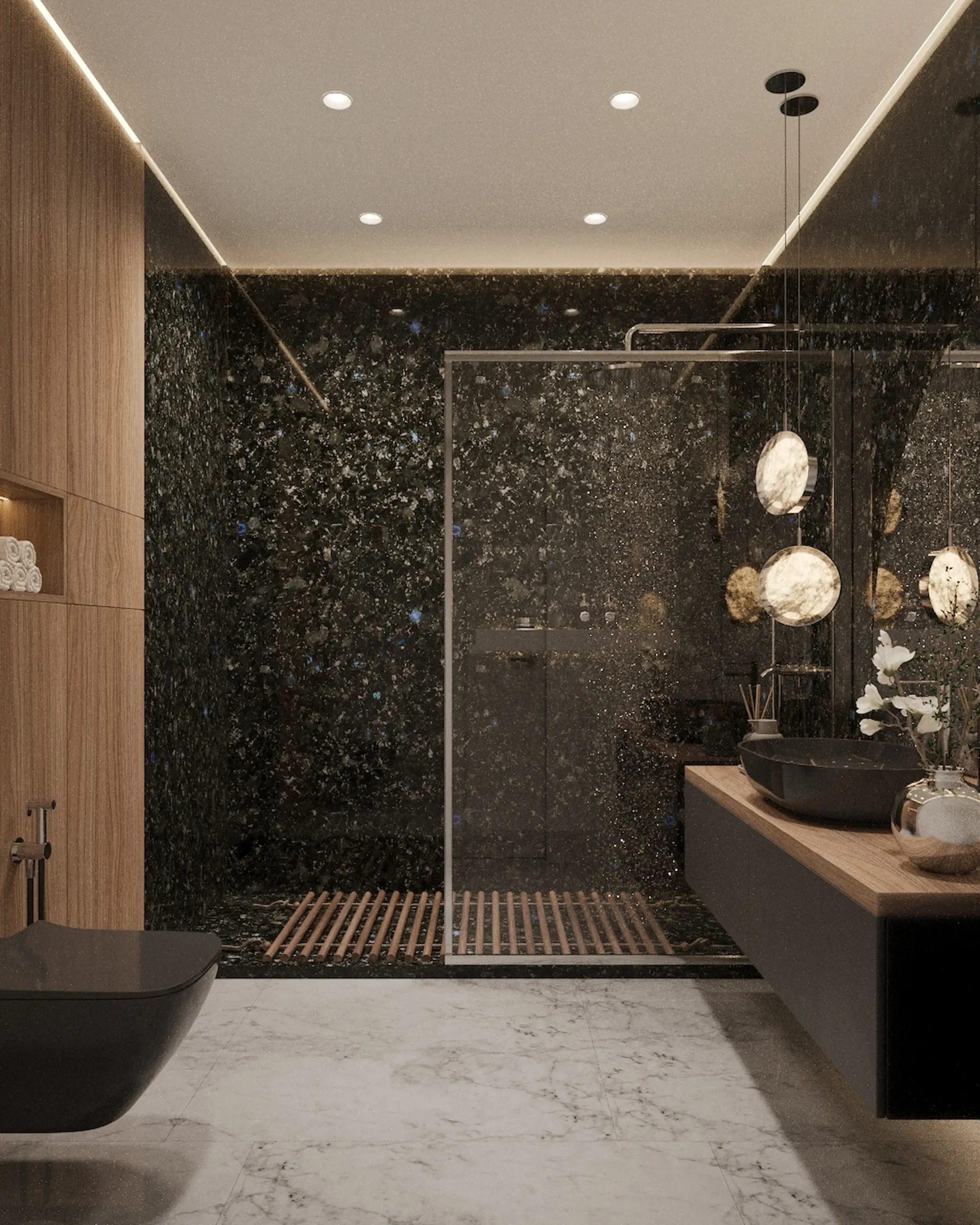 Labradorite in a bathroom interior with a shower zone and large-format surfaces