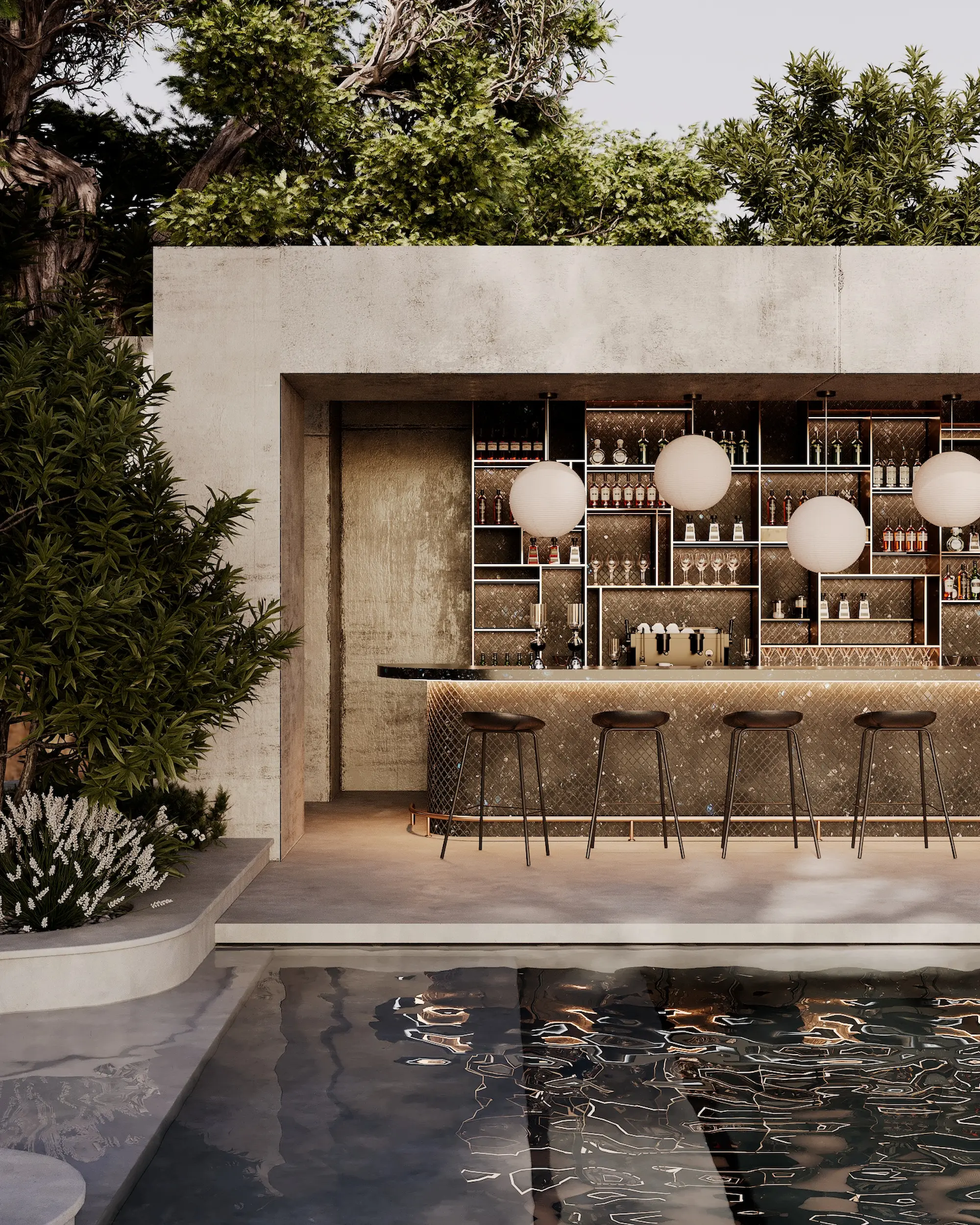 Poolside bar clad in natural black labradorite stone