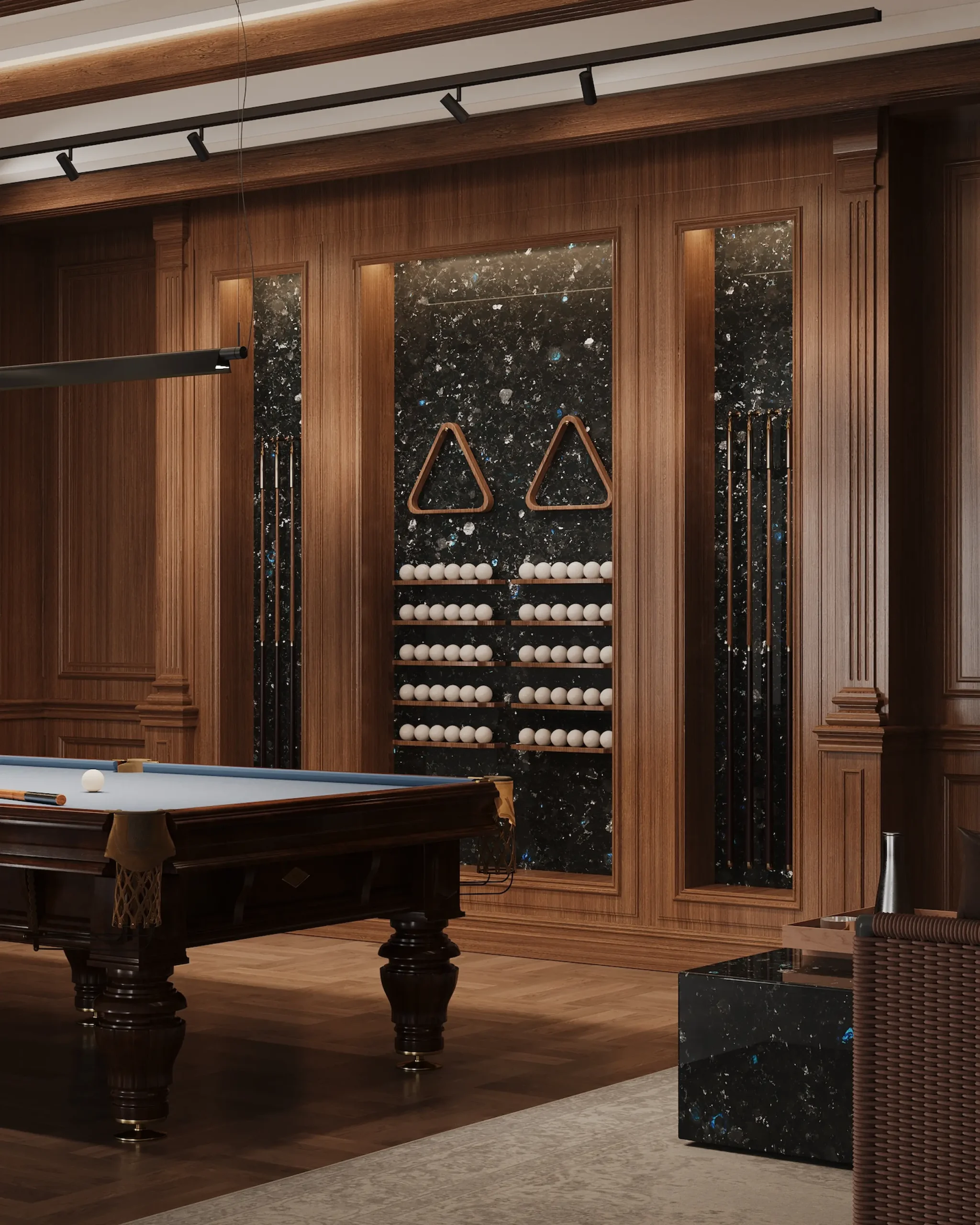 Billiard space with Golovinski Labradorite in the wall architecture
